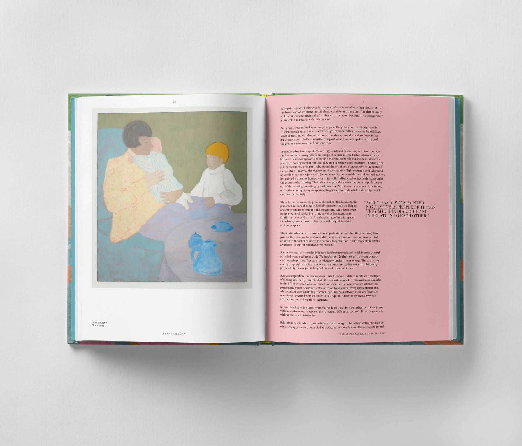 An open book displays an oil painting on the left page, showcasing two figures and a cat with remarkable emotional depth. The right page contains text on a pink background, reminiscent of March Avery's unique style. This book is titled "March Avery: A Life in Color" and is published by Black Dog Online.