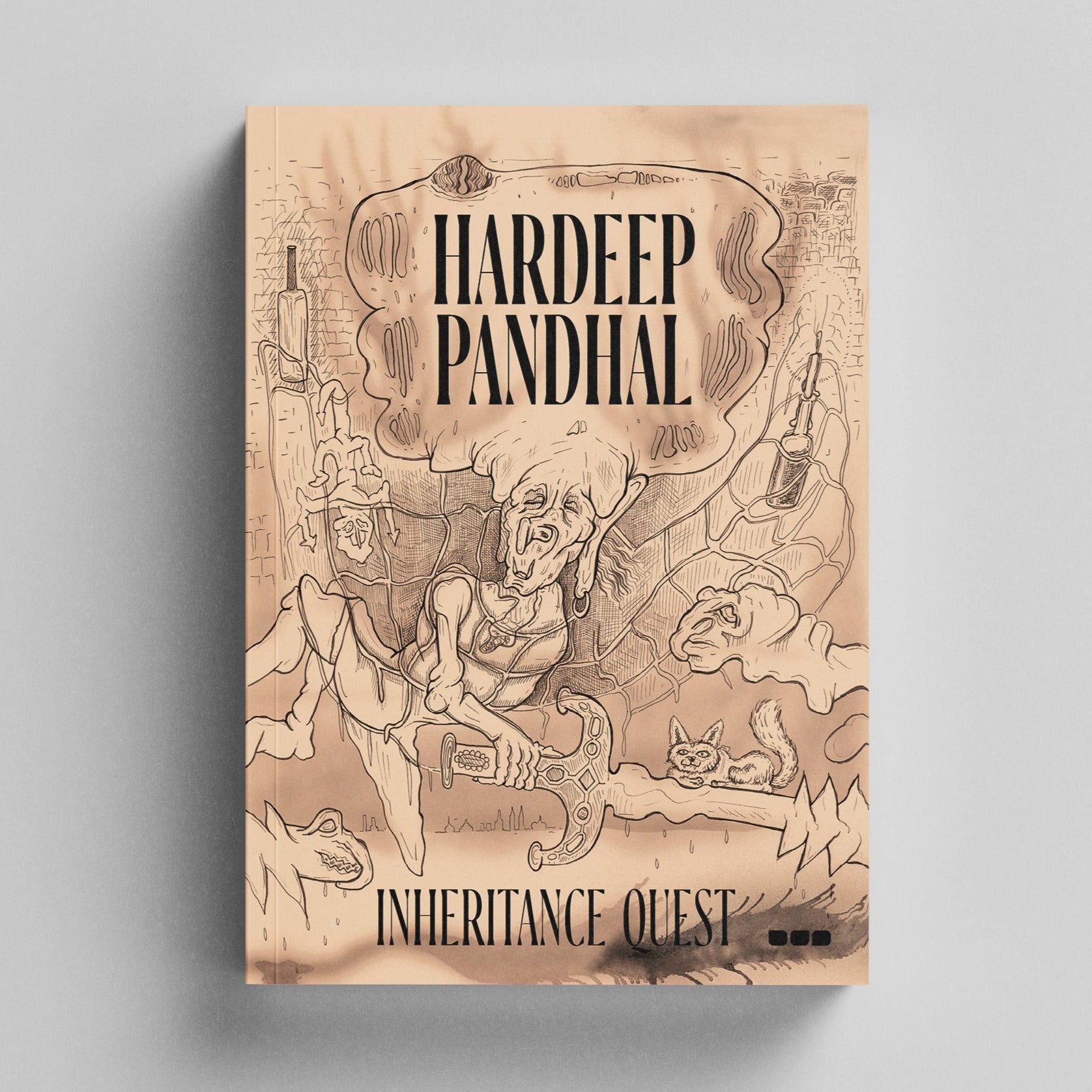 Book cover showing a drawing of an older-person figure holding a sword, surrounded by cats, with the product name "Hardeep Pandhal: Inheritance Quest" and the brand name "Black Dog Press" at the top, reflecting elements of Sikh heritage and migration.