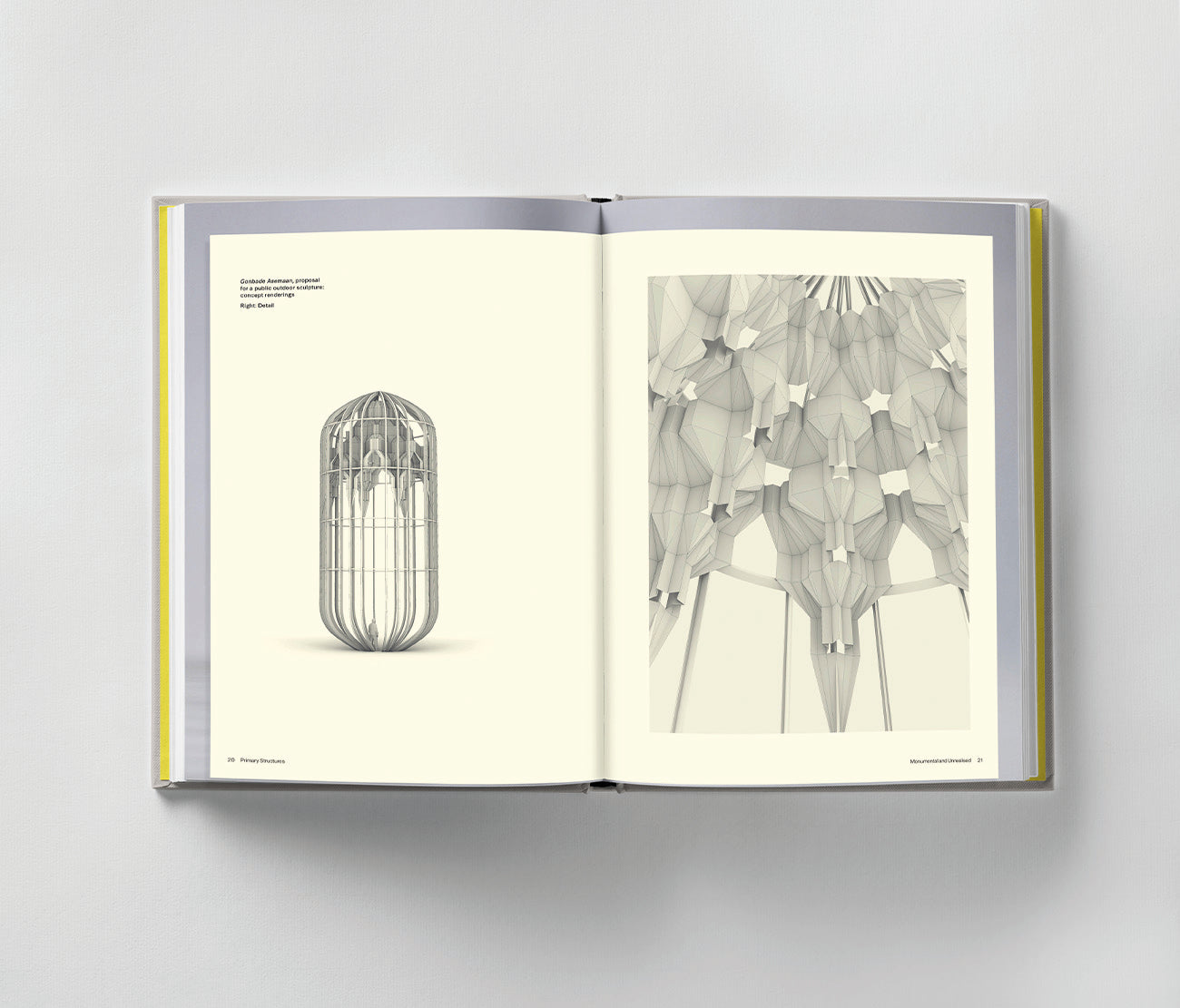 An open book titled "Sahand Hesamiyan: Primary Structures" by Black Dog Online showcases architectural sketches, with the left page featuring a Sahand Hesamiyan-style vertical structure and the right displaying geometric patterns inspired by Islamic and Persian architecture.