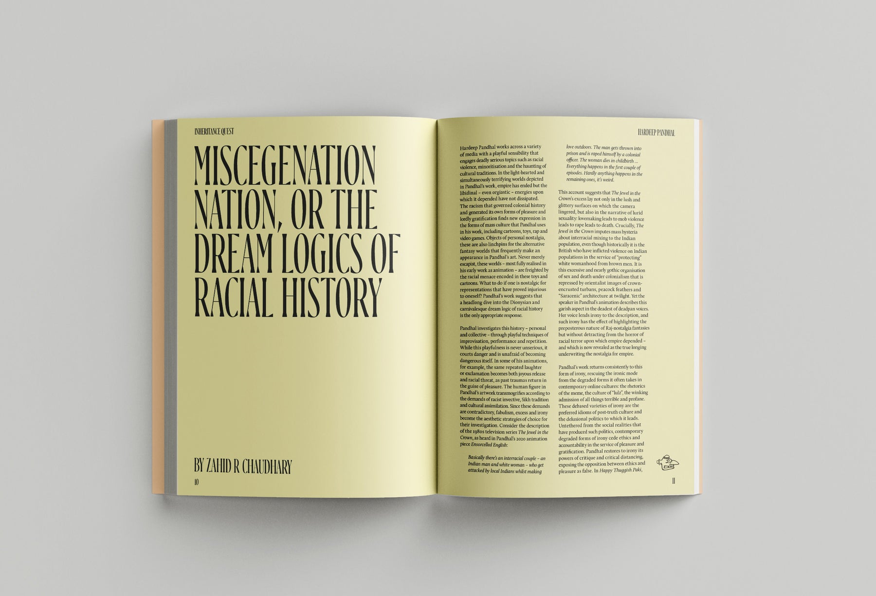 Open book titled "Miscegenation Nation, or the Dream Logics of Racial History" by Zahir R. Almutawakkil, featuring two pages of text. The left page contains the title and author, while the right page delves into themes of migration and identity, offering a perspective resonant with Hardeep Pandhal: Inheritance Quest by Black Dog Press's exploration of Sikh heritage.