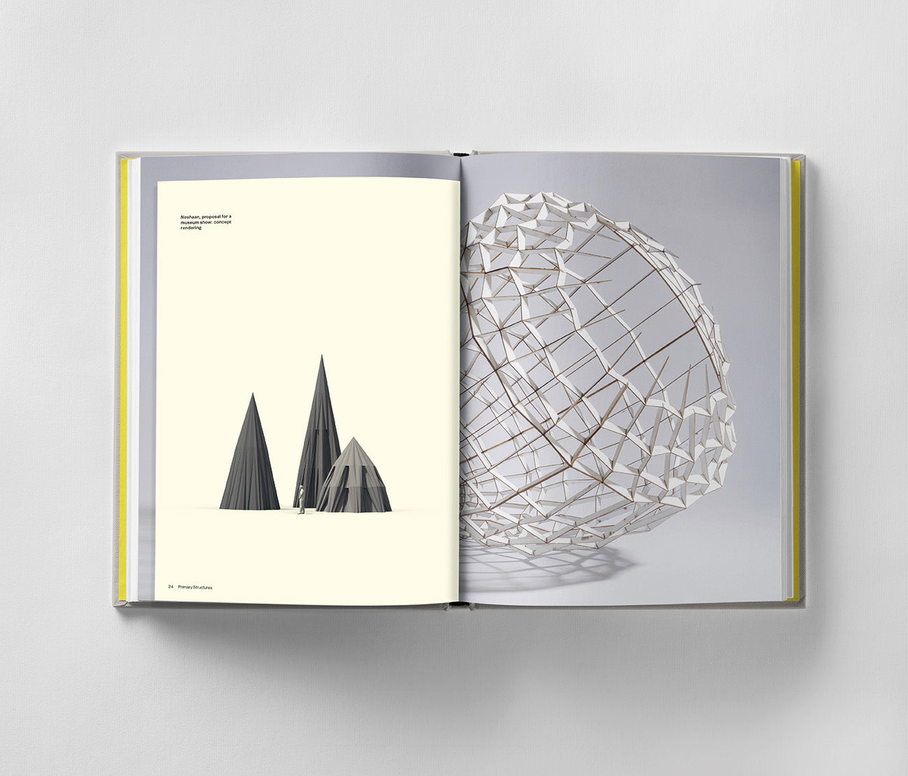 The open book "Sahand Hesamiyan: Primary Structures" by Black Dog Online displays geometric sculptures. The left page features angular black forms in Sahand Hesamiyan's style, while the right shows a white spherical grid inspired by Islamic and Persian architecture against a plain background.