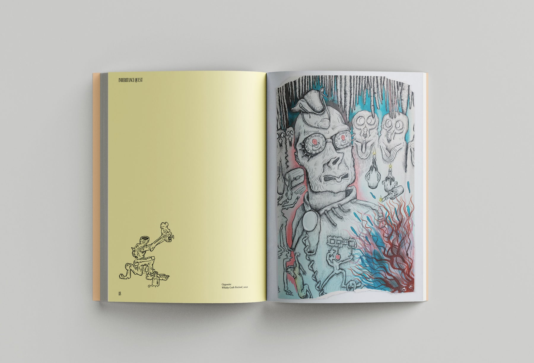 An open book on a light gray surface; the left page has a small sketch and text, while the right page features a vibrant abstract illustration by Hardeep Pandhal in Hardeep Pandhal: Inheritance Quest by Black Dog Press, depicting humanoid figures intertwined with various shapes, evoking themes of Sikh heritage and migration.