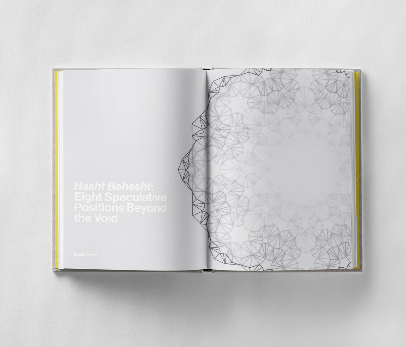 An open book features geometric designs reminiscent of Islamic and Persian architecture on the right page, and text reading "Sahand Hesamiyan: Primary Structures" by Black Dog Online on the left page.