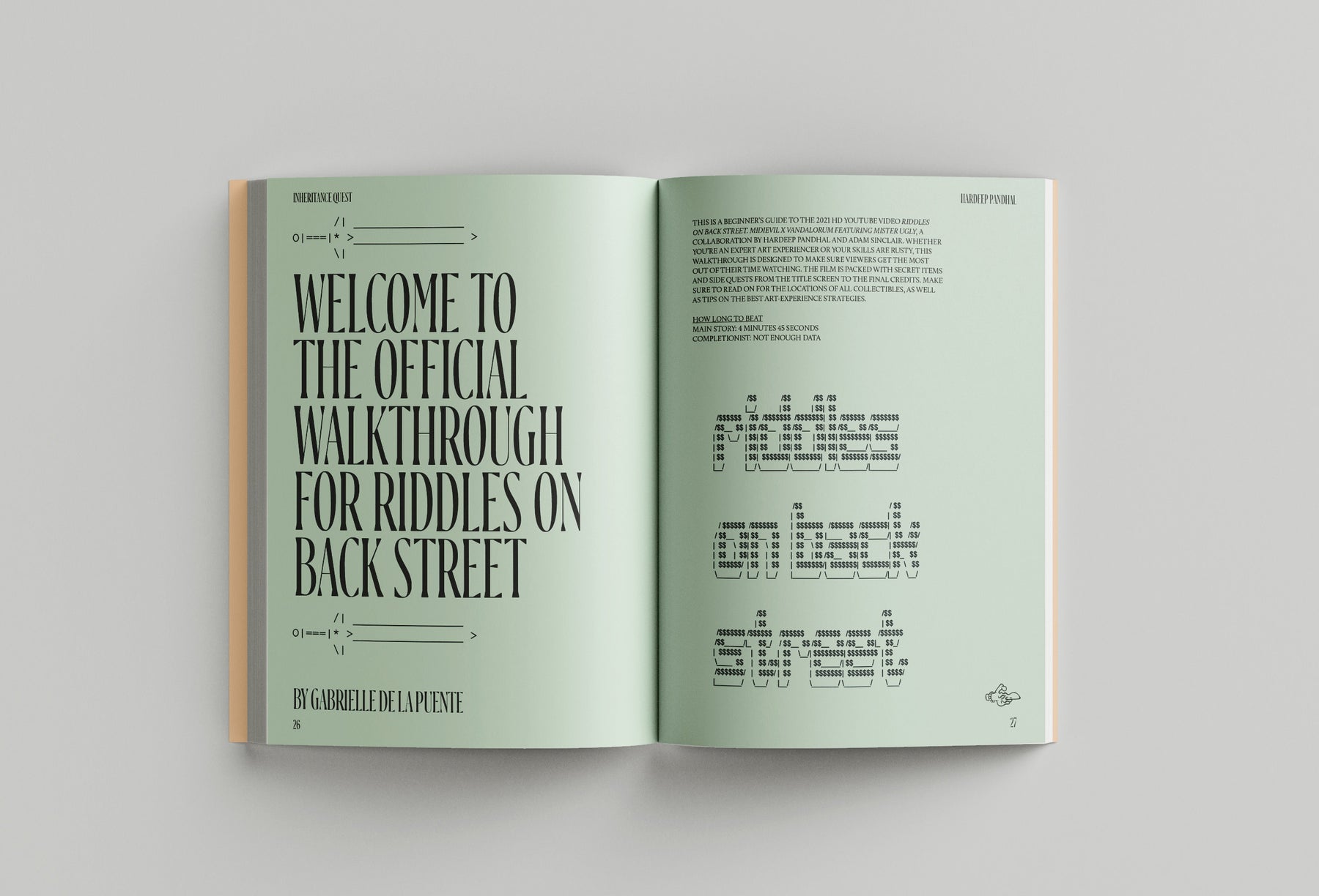 Open booklet titled "Welcome to the Official Walkthrough for Hardeep Pandhal: Inheritance Quest," with a puzzle-like font and textured background, inspired by Hardeep Pandhal's exploration of Sikh heritage and migration, published by Black Dog Press.