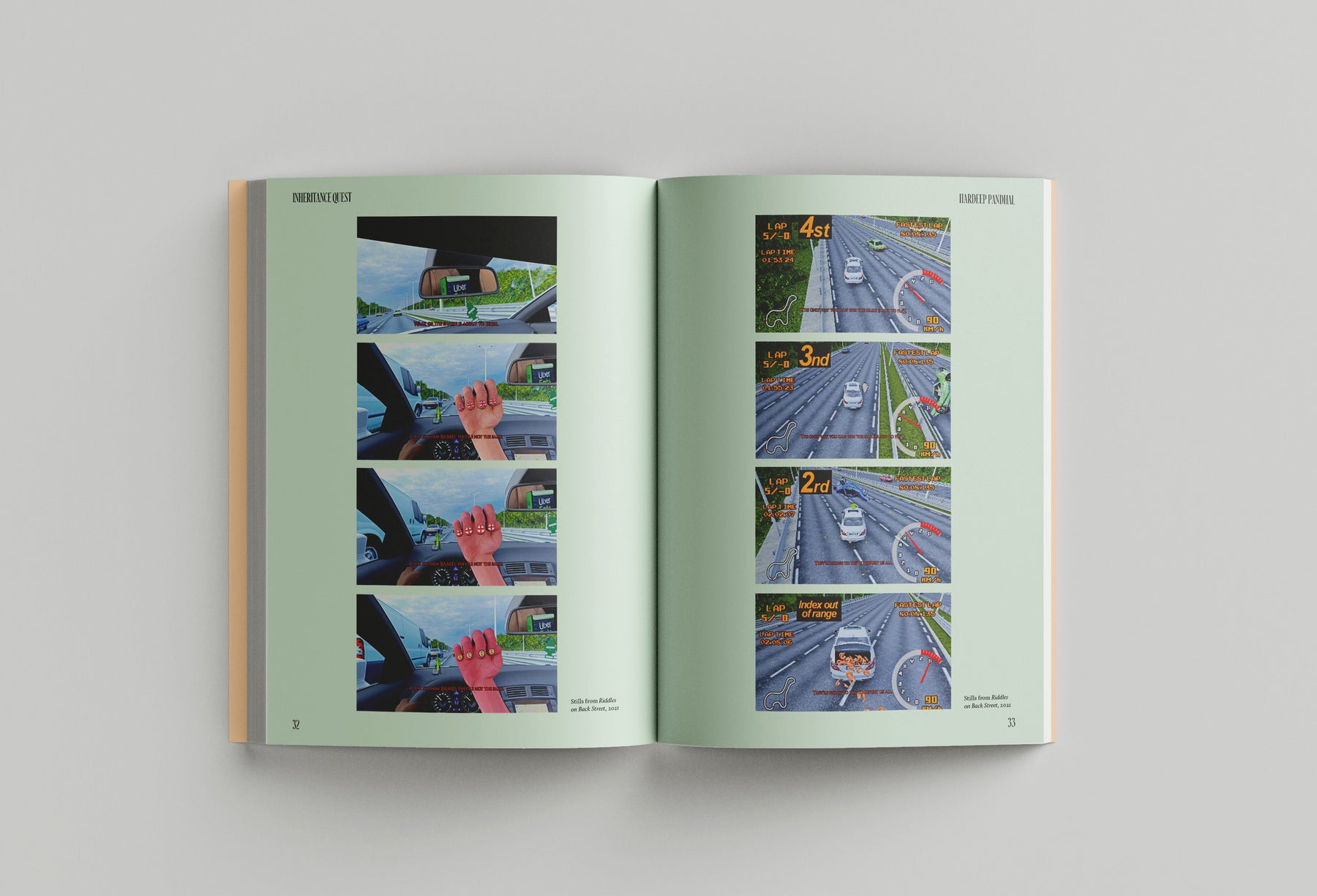 An open book showing a two-page spread of photographs and illustrations depicting driving scenes, including car control panels and road views. Pages are numbered 72 and 73. The imagery subtly reflects themes of migration and Sikh heritage, intertwined with modern life's journey. The product is Hardeep Pandhal: Inheritance Quest by Black Dog Press.