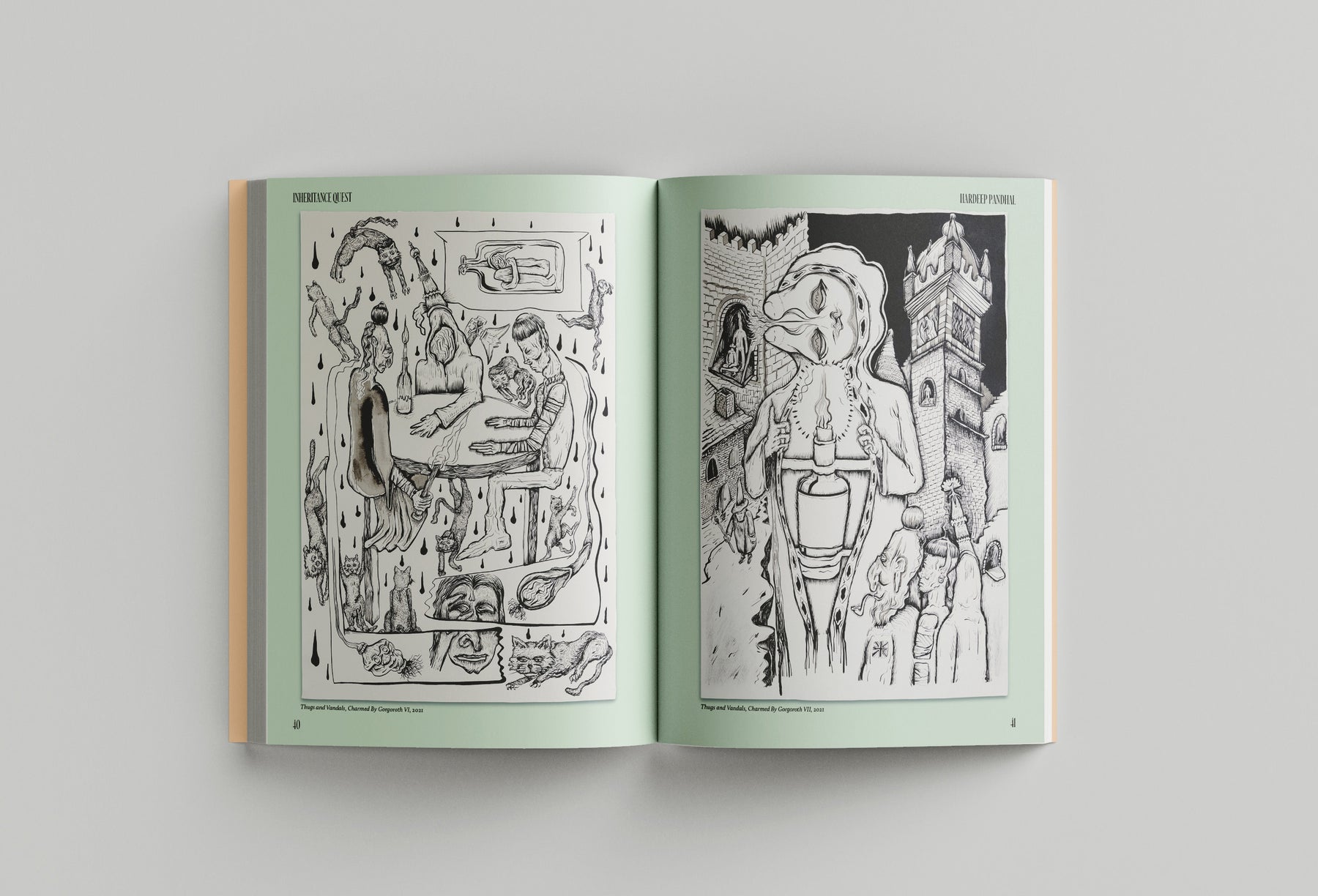 An open book displaying black-and-white illustrations. The left page depicts various creatures interacting in a room, while the right page, reminiscent of Hardeep Pandhal's style, shows a character standing in front of a medieval tower. The book is "Hardeep Pandhal: Inheritance Quest" by Black Dog Press.