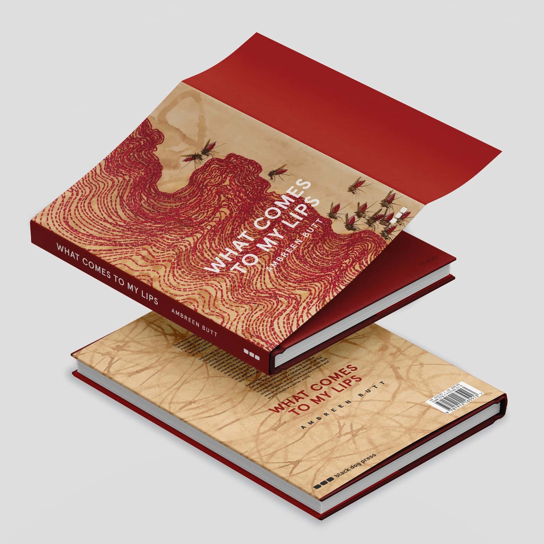 A trio of perspectives on the book "Ambreen Butt: What Comes to My Lips" from Black Dog Online, showcasing a red and beige cover with an abstract design inspired by Indo-Persian miniature painting and a partially opened flap.