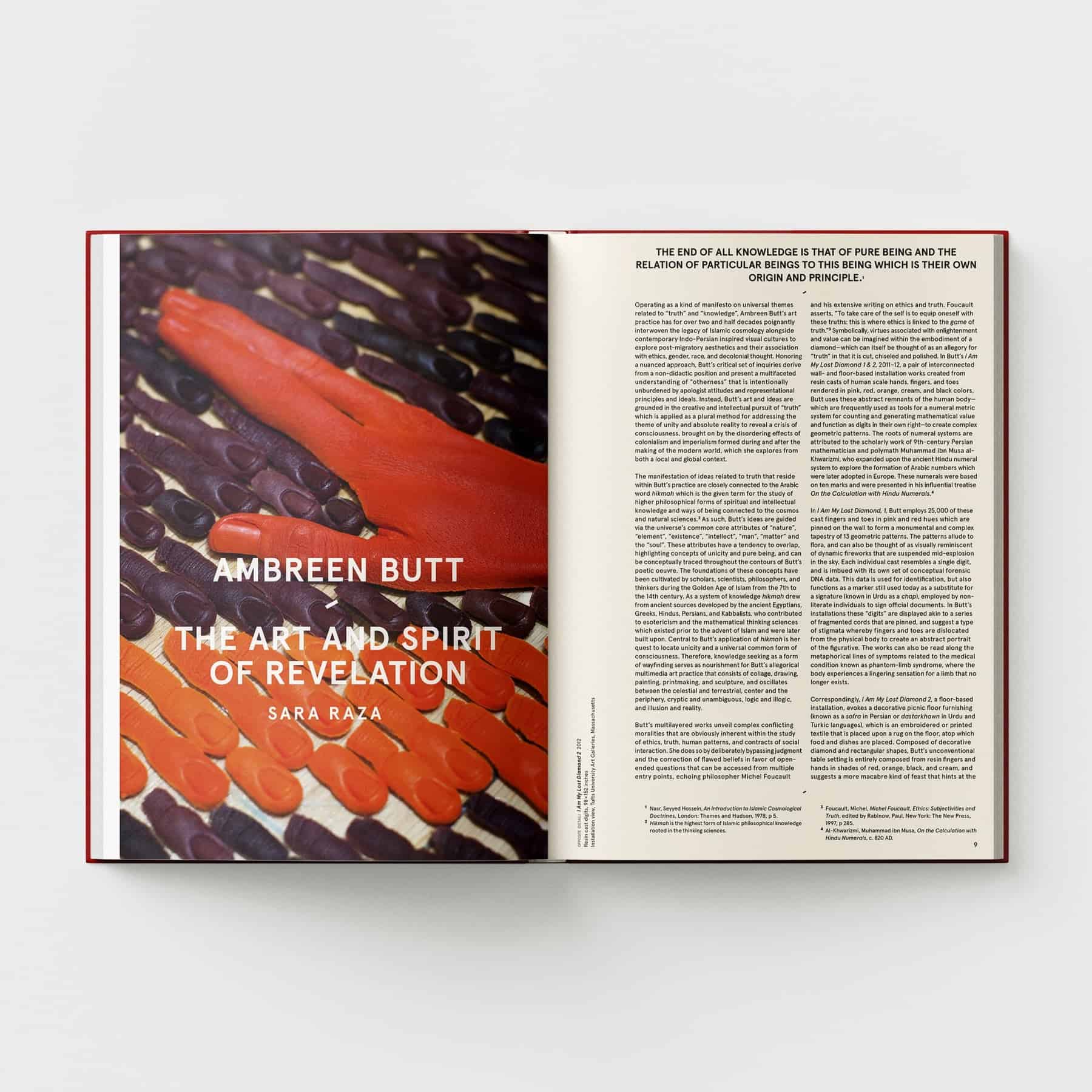 Explore the book "Ambreen Butt: What Comes to My Lips" by Black Dog Online, which features a cover adorned with red and orange fingers inspired by Indo-Persian miniature painting and includes pages of insightful text.