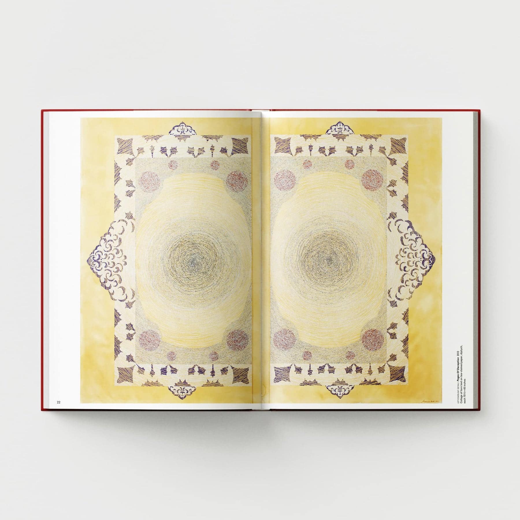 A partially opened copy of "Ambreen Butt: What Comes to My Lips" from Black Dog Online displays an abstract design that evokes the intricate patterns and swirls characteristic of Indo-Persian miniature painting, featuring shades of yellow and brown.
