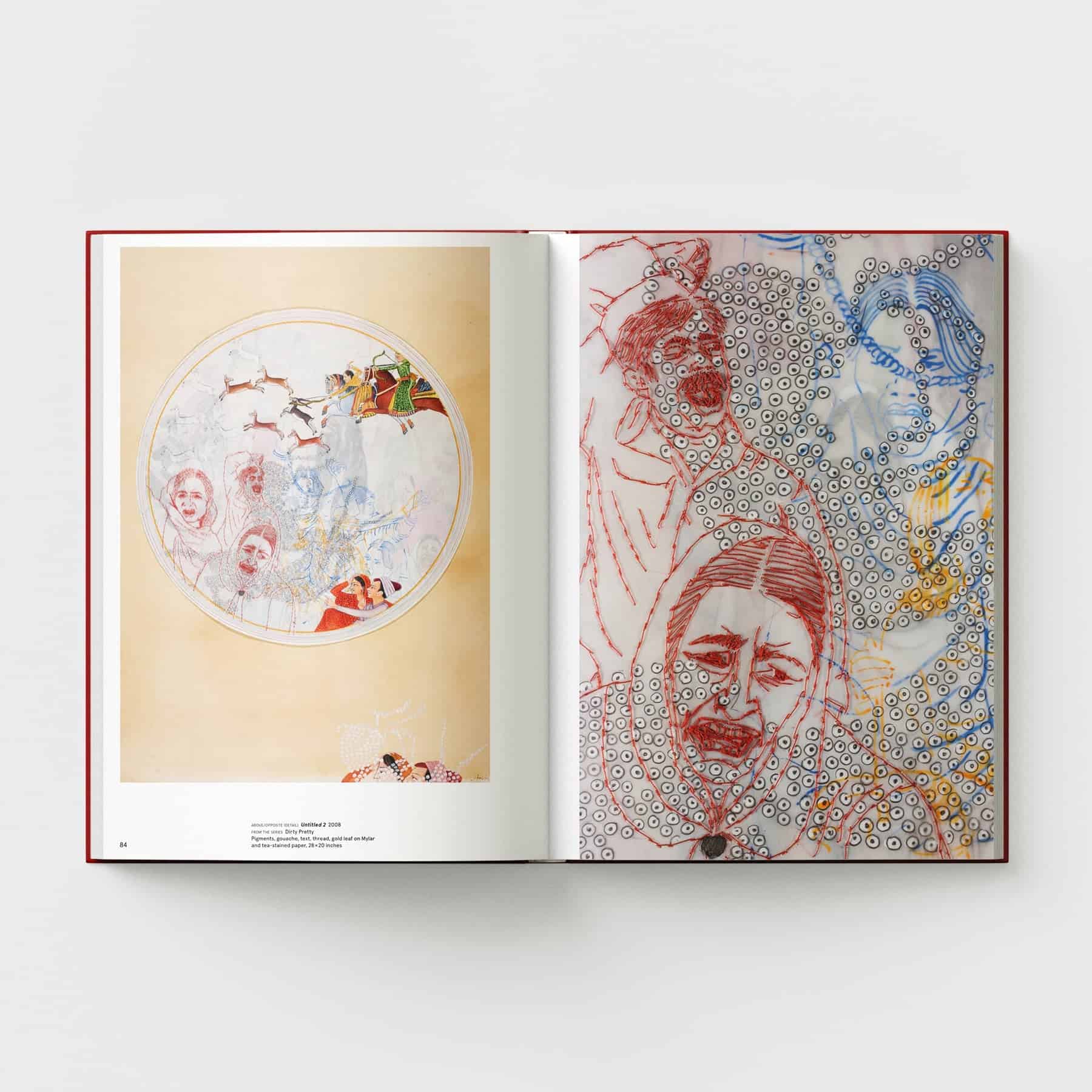 The product "Ambreen Butt: What Comes to My Lips" from Black Dog Online showcases an open book with abstract artwork on its pages, echoing the style of Indo-Persian miniature painting with expressive faces and intricate circular patterns.