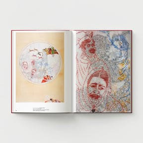The open pages of "Ambreen Butt: What Comes to My Lips" by Black Dog Online reveal abstract illustrations that echo the style of Indo-Persian miniature painting, with faces and vibrant colors interwoven throughout.