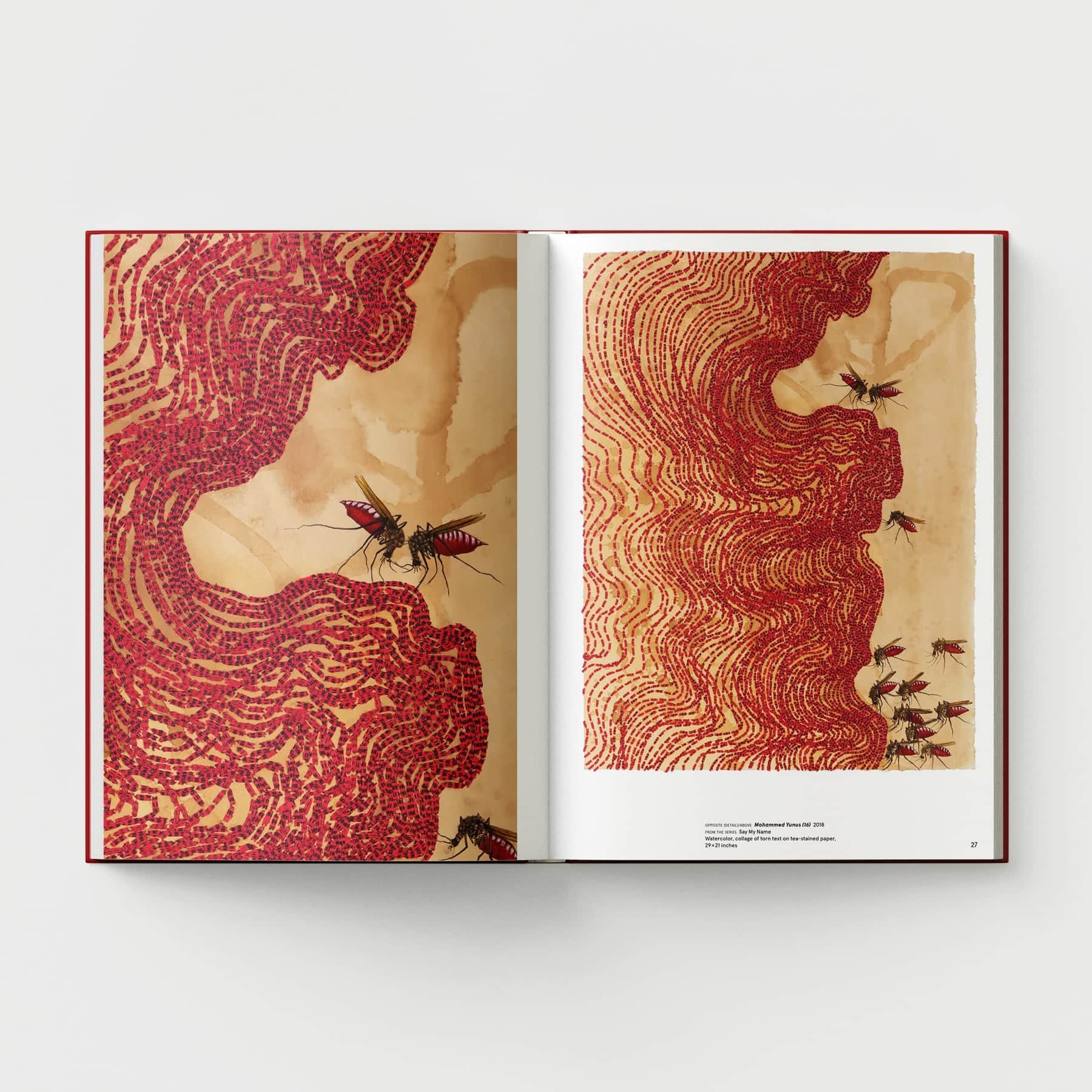 The book titled "Ambreen Butt: What Comes to My Lips" by Black Dog Online showcases abstract red and brown patterns reminiscent of Indo-Persian miniature painting, featuring intricate illustrations of insects on its pages.