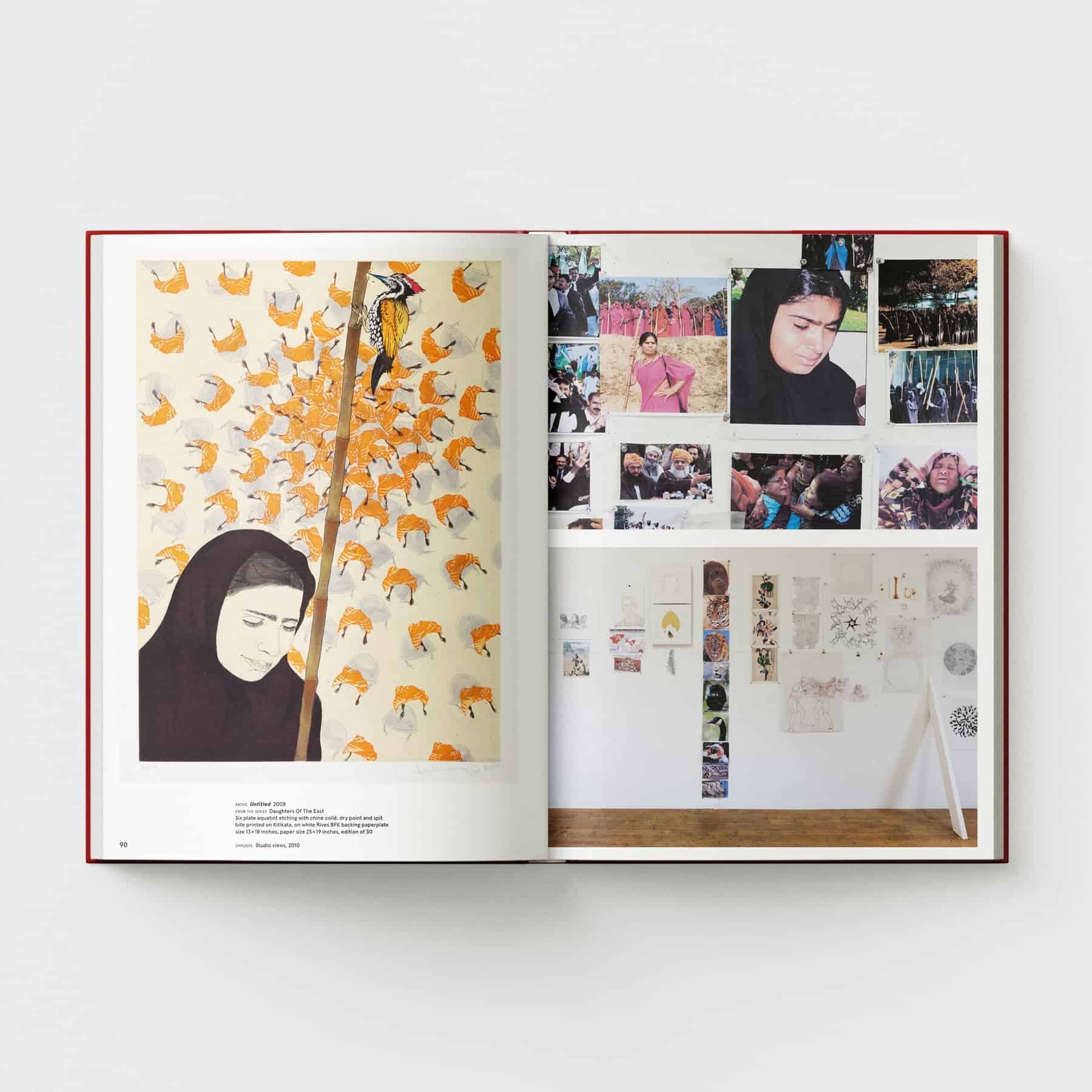 An open book titled "Ambreen Butt: What Comes to My Lips" from Black Dog Online features an illustration on the left page of a hooded figure with sheep, evocative of an Indo-Persian miniature painting. The right page showcases Ambreen Butt's various photos and drawings on a wall, celebrating civil liberties.