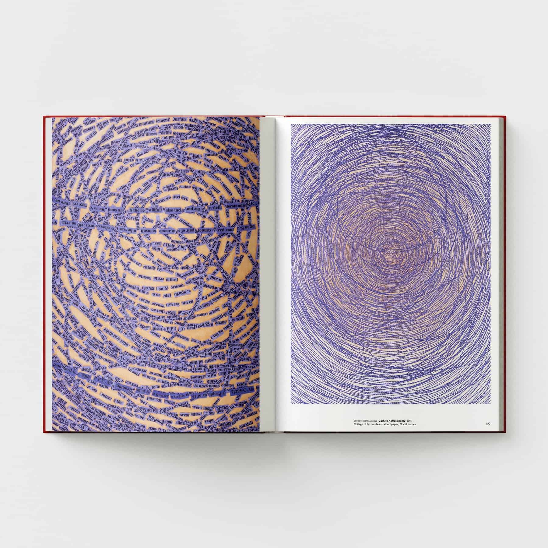 An open book titled "Ambreen Butt: What Comes to My Lips" by Black Dog Online, featuring abstract circular patterns reminiscent of Indo-Persian miniature painting and text in purple ink on both pages, set against a plain white background.