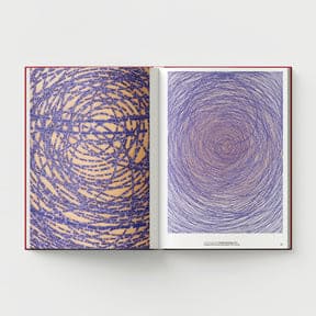 A book titled "Ambreen Butt: What Comes to My Lips" by Black Dog Online is open to two pages, showcasing abstract circular purple designs on a beige background, reminiscent of Indo-Persian miniature painting.