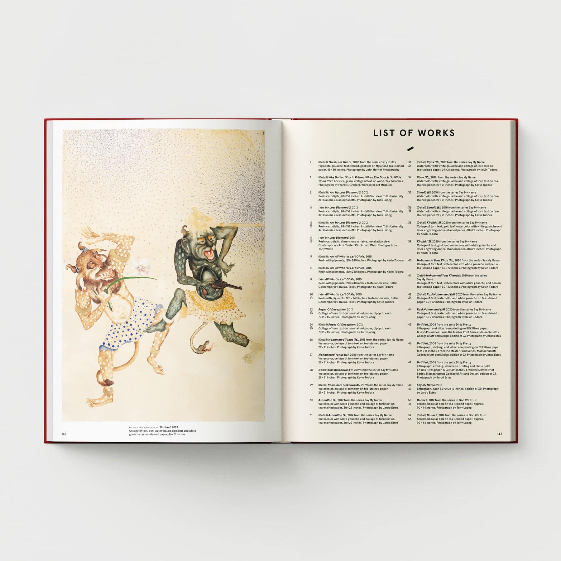 An open book titled "Ambreen Butt: What Comes to My Lips" by Black Dog Online displays an illustration of two humanoid figures evoking Indo-Persian miniature painting on the left page. Meanwhile, the right page features a list of works by Ambreen Butt, prompting reflection on civil liberties through art.