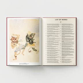 An open book reveals an illustrated page on the left, featuring dancing figures inspired by Indo-Persian miniature painting. On the right, a "List of Works" page displays entries that evoke Ambreen Butt's distinctive blend of styles within contemporary Western art, as showcased in Black Dog Online's "Ambreen Butt: What Comes to My Lips.