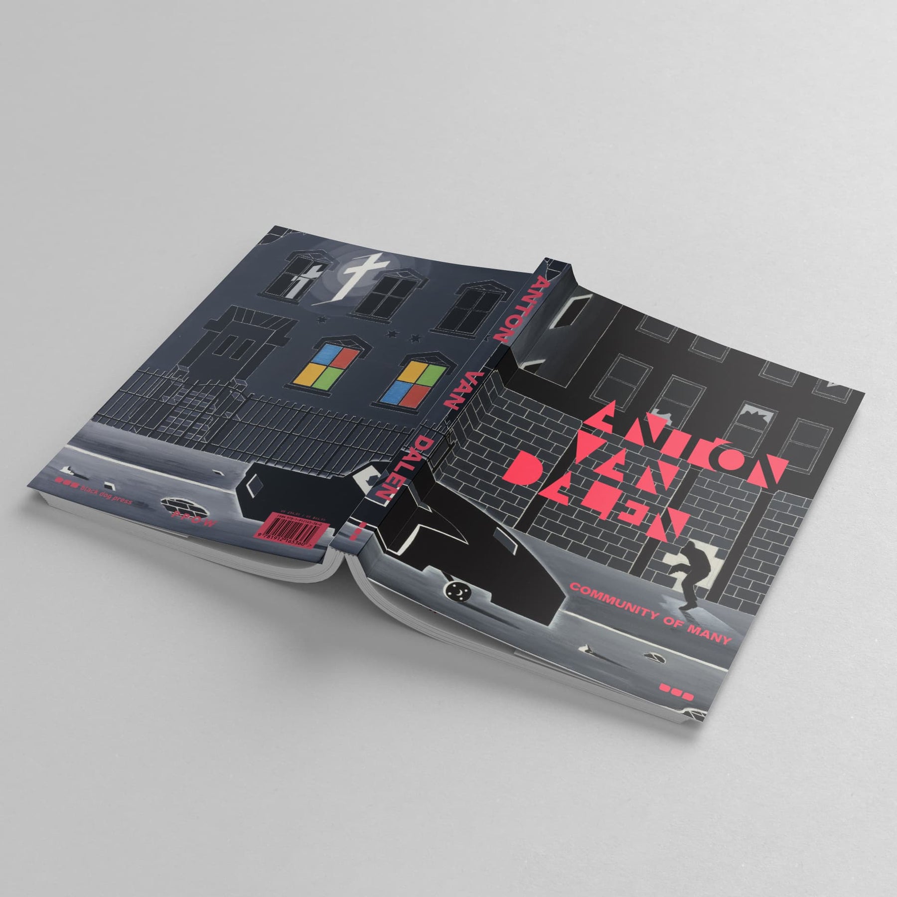 A book with a dark cover depicting a nighttime urban scene featuring buildings, cars, and people. The book is open, revealing a spread with similar city imagery. Titled "Anton van Dalen: Community of Many," it offers a visual investigation into cultural evolutions and is produced by Black Dog Online.