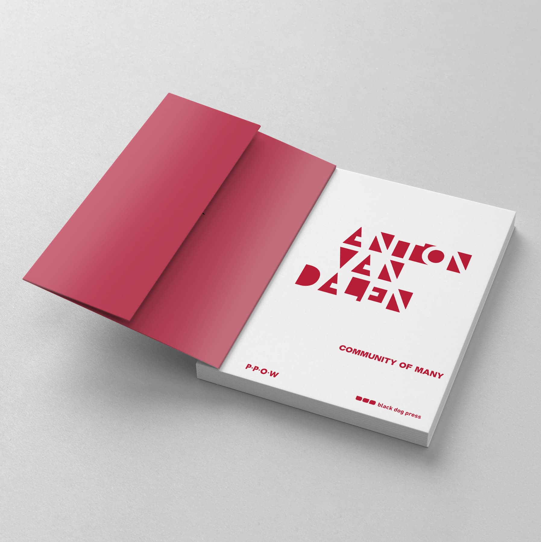 An opened book titled "Anton van Dalen: Community of Many" from Black Dog Online features red geometric text on a white cover and a red flap partially covering the left page. The P.P.O.W and Black Cat Press logos are visible in this visual investigation.