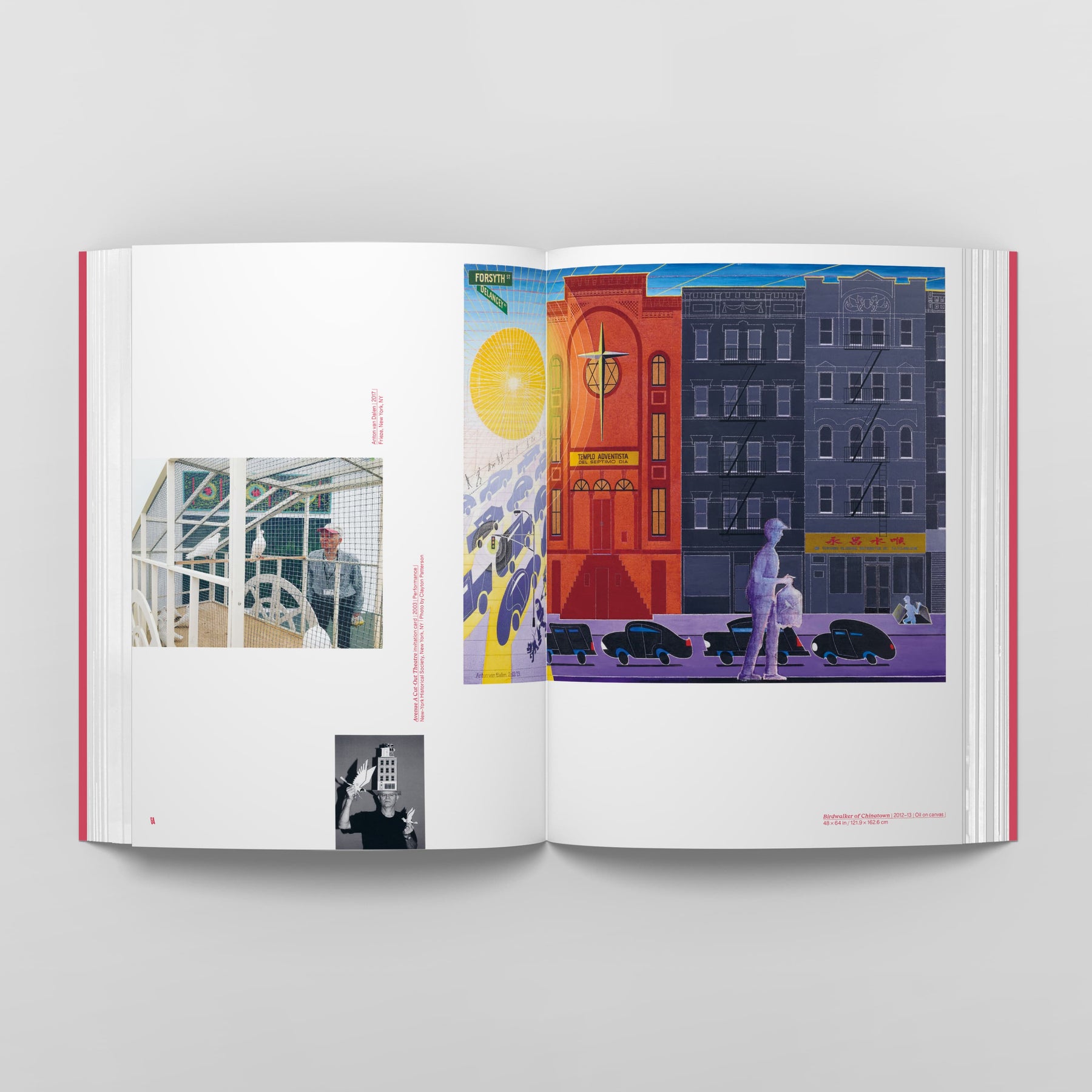 In "Anton van Dalen: Community of Many" by Black Dog Online, an open book showcases vibrant illustrations of urban scenes, featuring buildings and streets filled with people. On the left page, smaller images stand out against a white background, while the right page presents a lively street view that visually explores cultural evolutions.