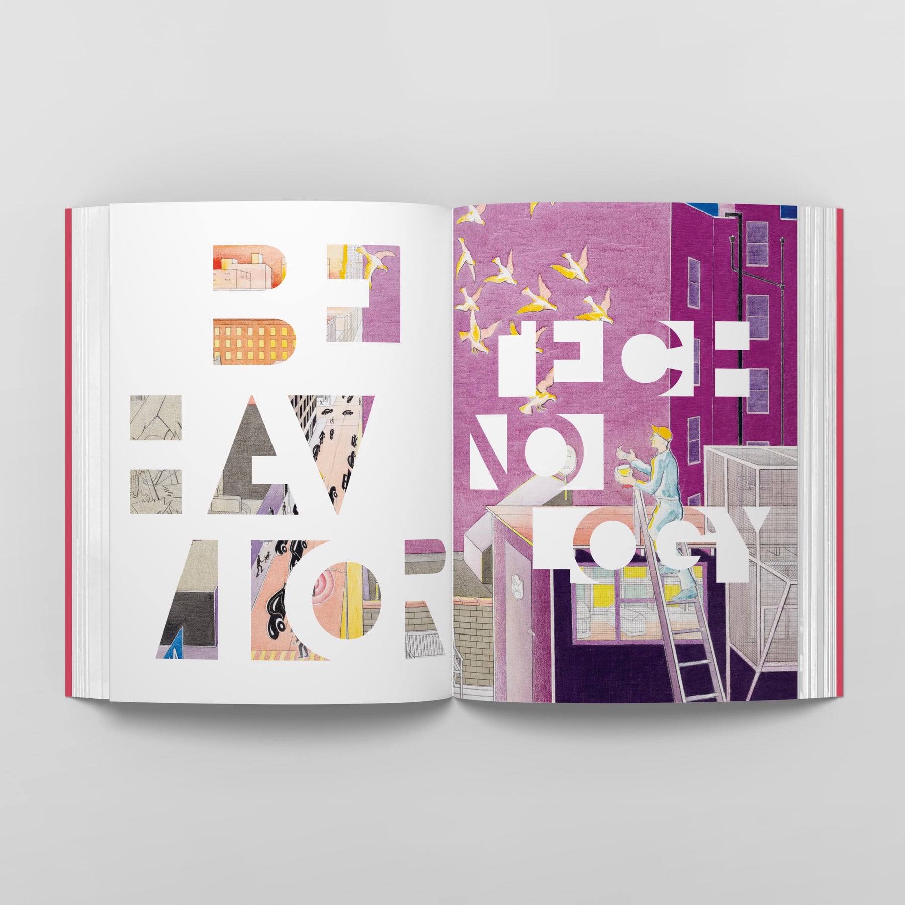 Open book with colorful pages, featuring large cut-out text "BEHAVIOR" on the left and “TECHNOLOGY” on the right, accompanied by an Anton van Dalen illustration of people and birds in an urban setting—a vivid visual investigation into cultural evolutions. This is "Anton van Dalen: Community of Many" by Black Dog Online.