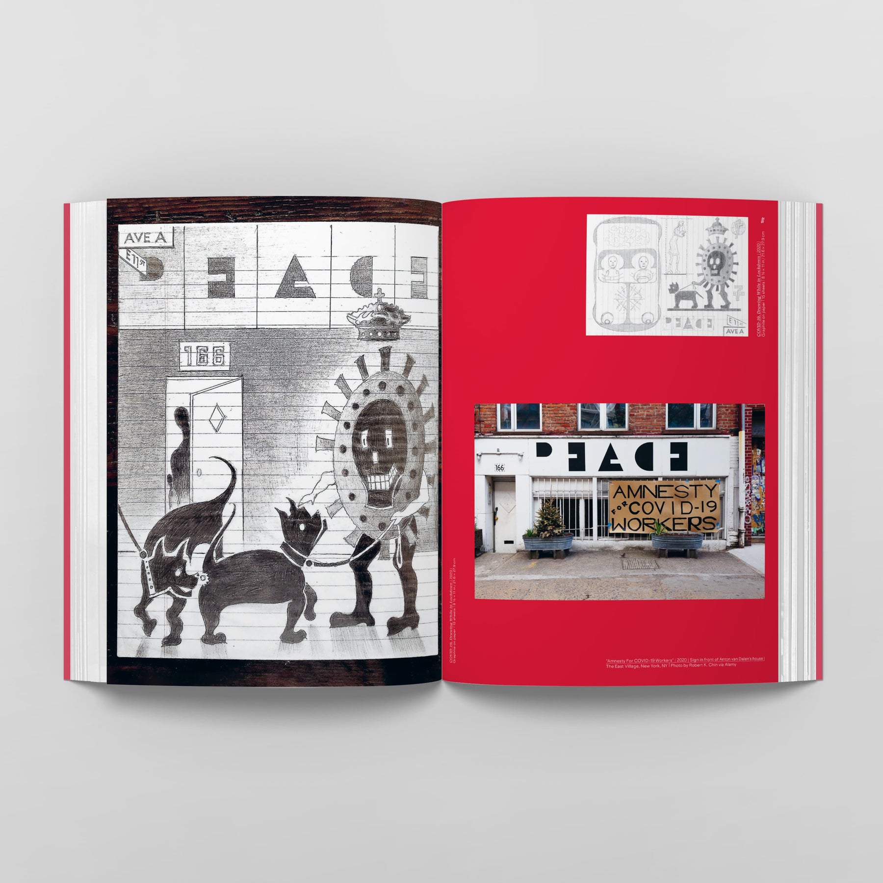 Open book showing two pages of graffiti art from Anton van Dalen: Community of Many by Black Dog Online; one page features black and white sketches of animals and a COVID-19 virus figure, reminiscent of Anton van Dalen's visual investigation into nature. The other page depicts a colorful outdoor mural with the words "AMNESTY COVID-19 WORKERS," reflecting cultural evolutions.