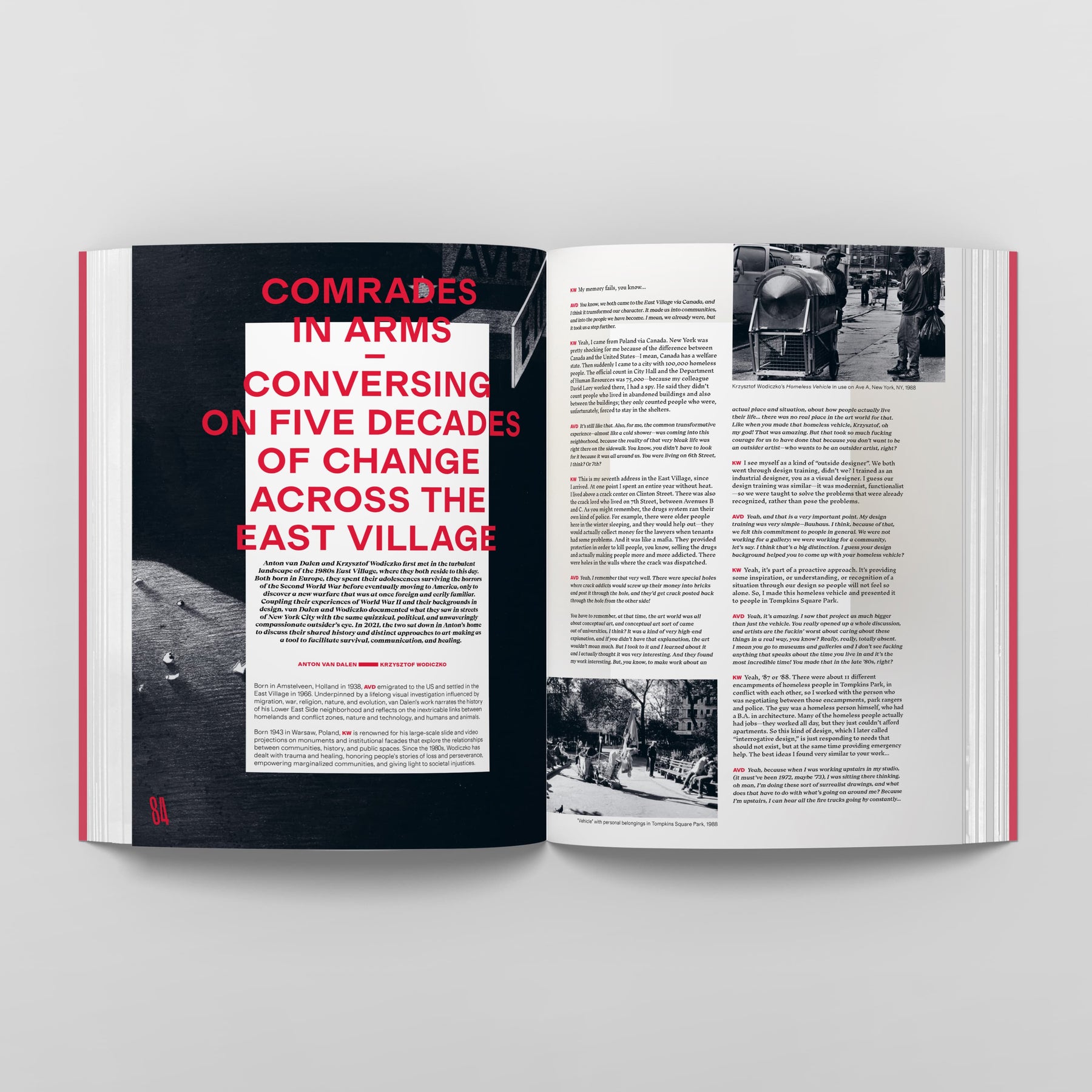 An open issue of the magazine features an article titled "Anton van Dalen: Community of Many," provided by Black Dog Online. This piece delves into five decades of change across the East Village, showcasing text and black-and-white photographs that visually explore cultural evolution, with insights from artist Anton van Dalen.