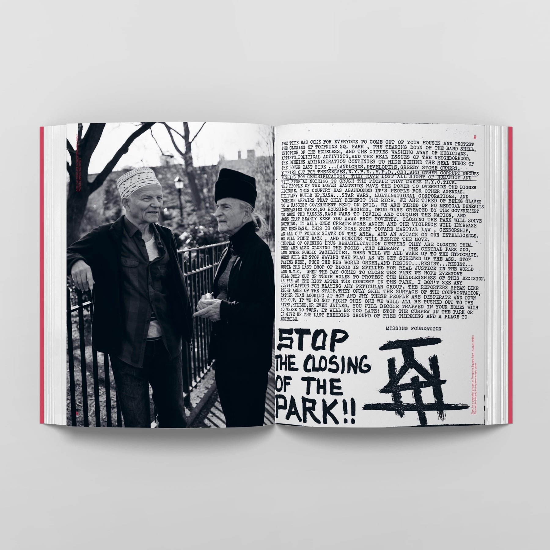Two elderly men stand and chat in front of a wrought iron fence in a park. Below them, text reads "STOP THE CLOSING OF THE PARK!!" Engaging in a subtle visual investigation, this scene captures the essence of cultural evolutions. A copy of "Anton van Dalen: Community of Many" by Black Dog Online lies open on a white surface.