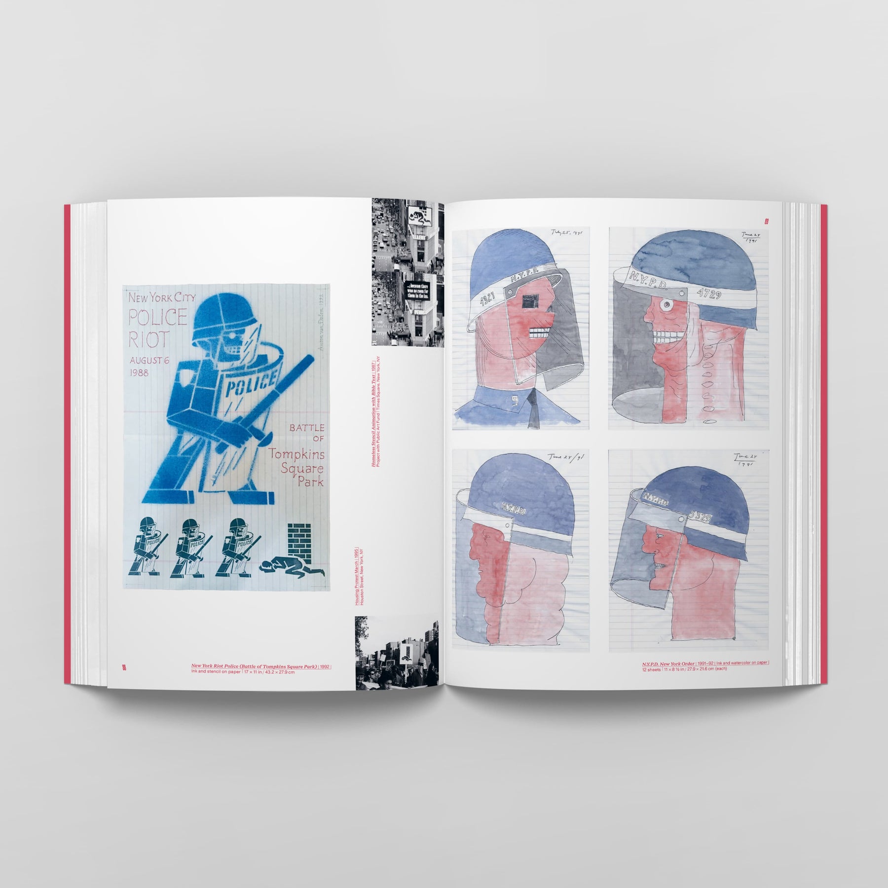 Open coffer-table book, "Anton van Dalen: Community of Many" by Black Dog Online, showcasing illustrations of police, such as a New York City Police Riot poster and four helmet-clad head sketches—an intriguing visual investigation into cultural evolutions.