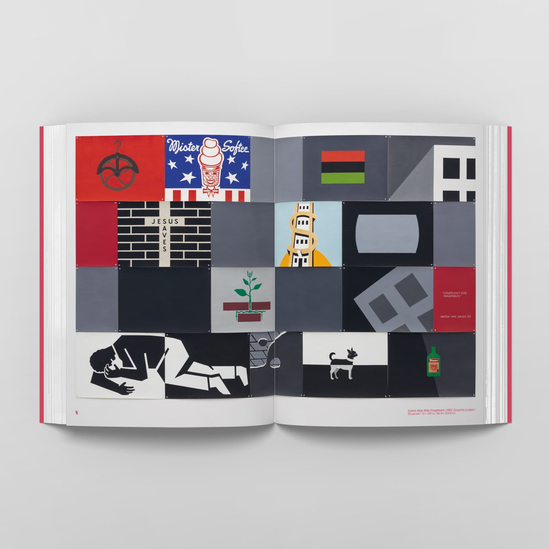 Open book displaying various abstract and graphic designs, including a figure lying down, a flag, a brick wall, a dog, and text in English and other characters. Inspired by Anton van Dalen's visual investigation into cultural evolutions. The background is gray and white. This is "Anton van Dalen: Community of Many" by Black Dog Online.