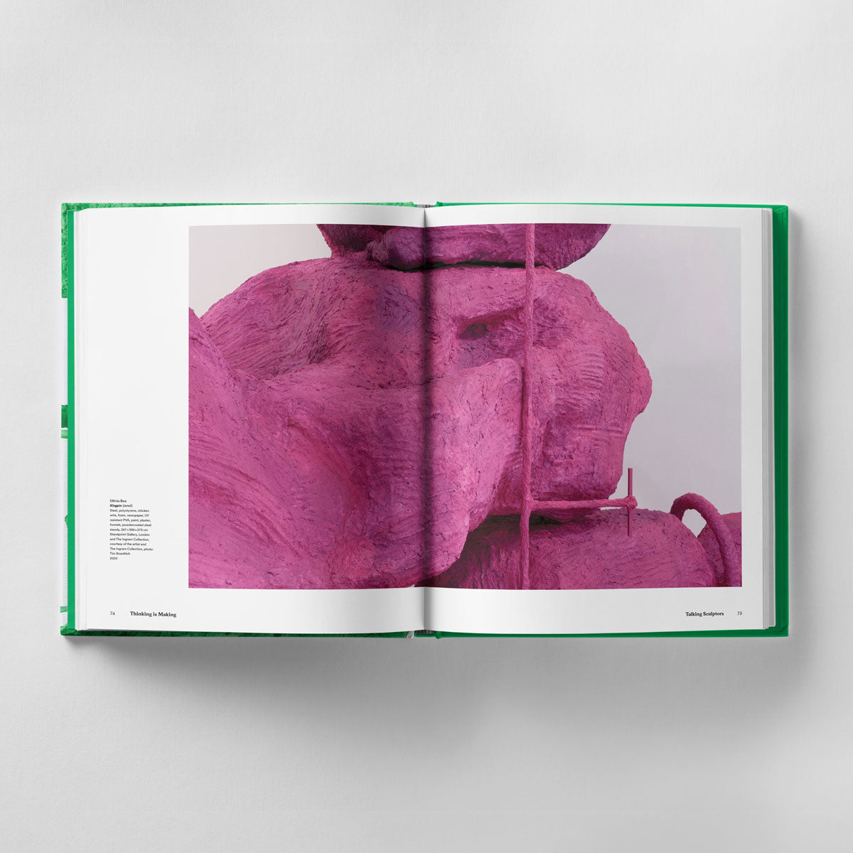 An open book with a green cover displays a photo of abstract art featuring pink textured forms and lines, reminiscent of contemporary sculptural practice showcased by emerging sculptors. The book is titled "Thinking is Making: Objects in Space The Mark Tanner Sculpture Award" by Black Dog Online.