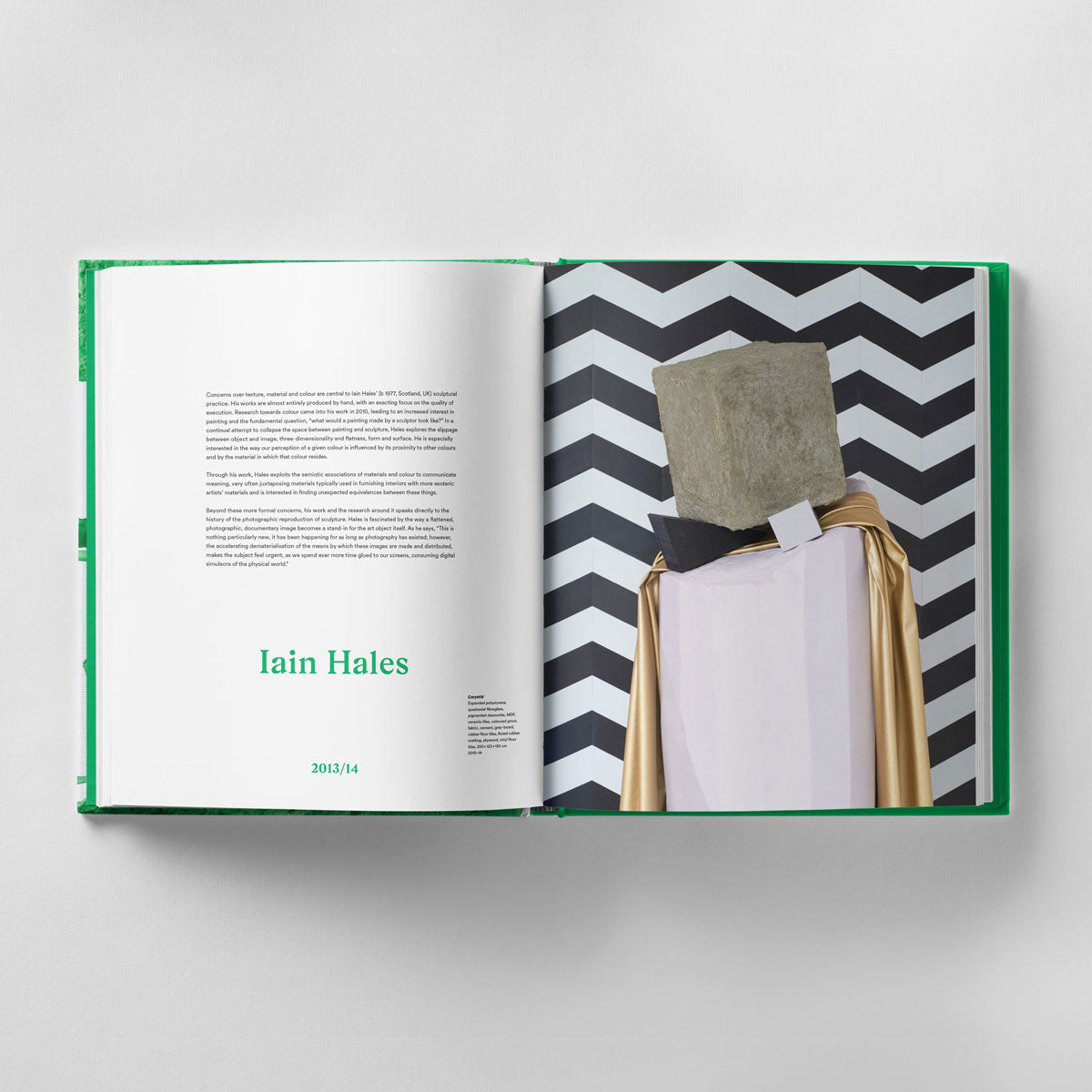Open book displaying an artist's name, Iain Hales, and an artwork. The artwork features geometric shapes and patterns with a zigzag background and a central figure with a rectangular head, highlighting elements of contemporary sculptural practice often celebrated in "Thinking is Making: Objects in Space The Mark Tanner Sculpture Award" by Black Dog Online.