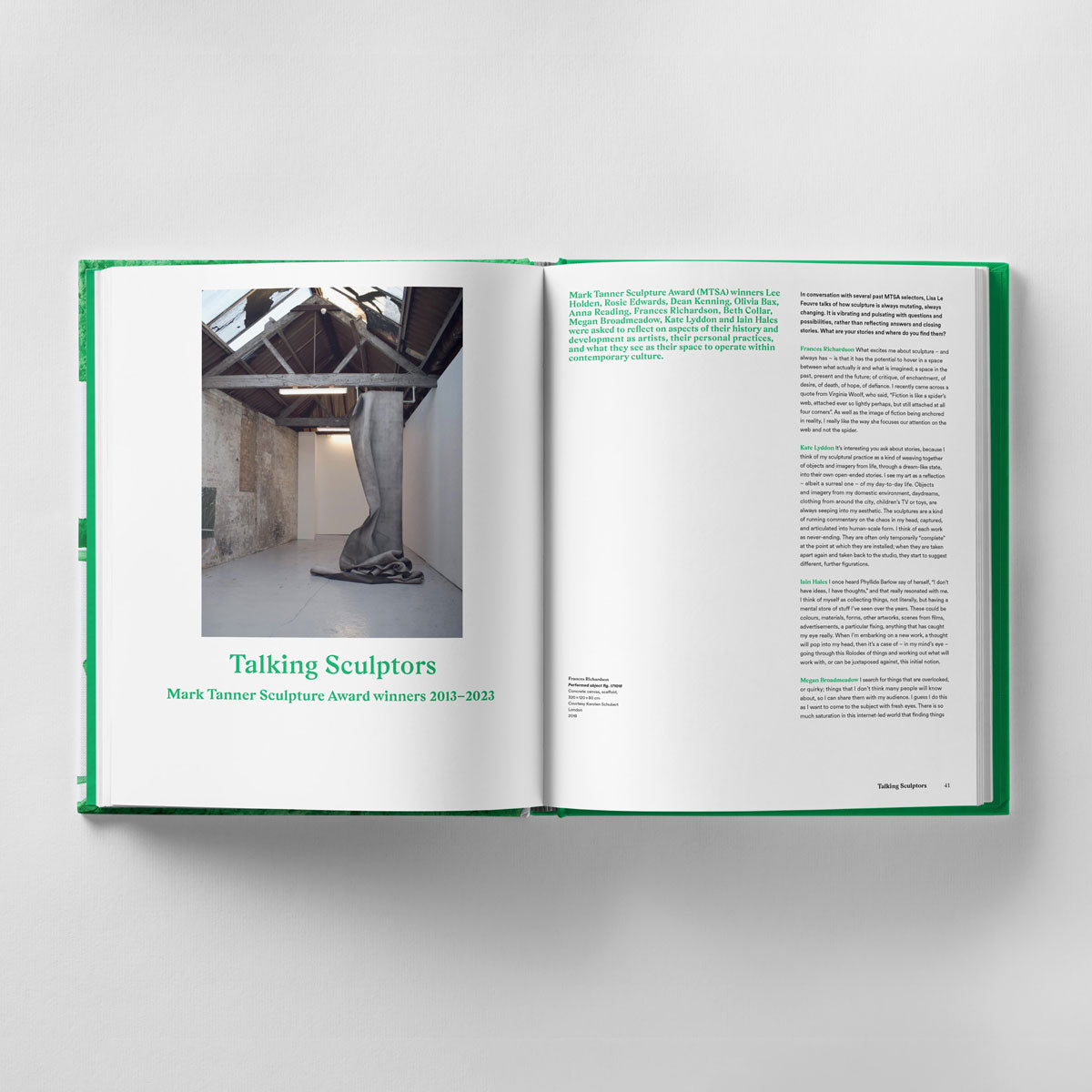 Open book displaying an article titled "Talking Sculptors," featuring a large photo of a sculpture on the left page and text on the right page. The article delves into contemporary sculptural practices and highlights emerging sculptors, including recent recipients of the Mark Tanner Sculpture Award. The book is titled "Thinking is Making: Objects in Space The Mark Tanner Sculpture Award" by Black Dog Online.