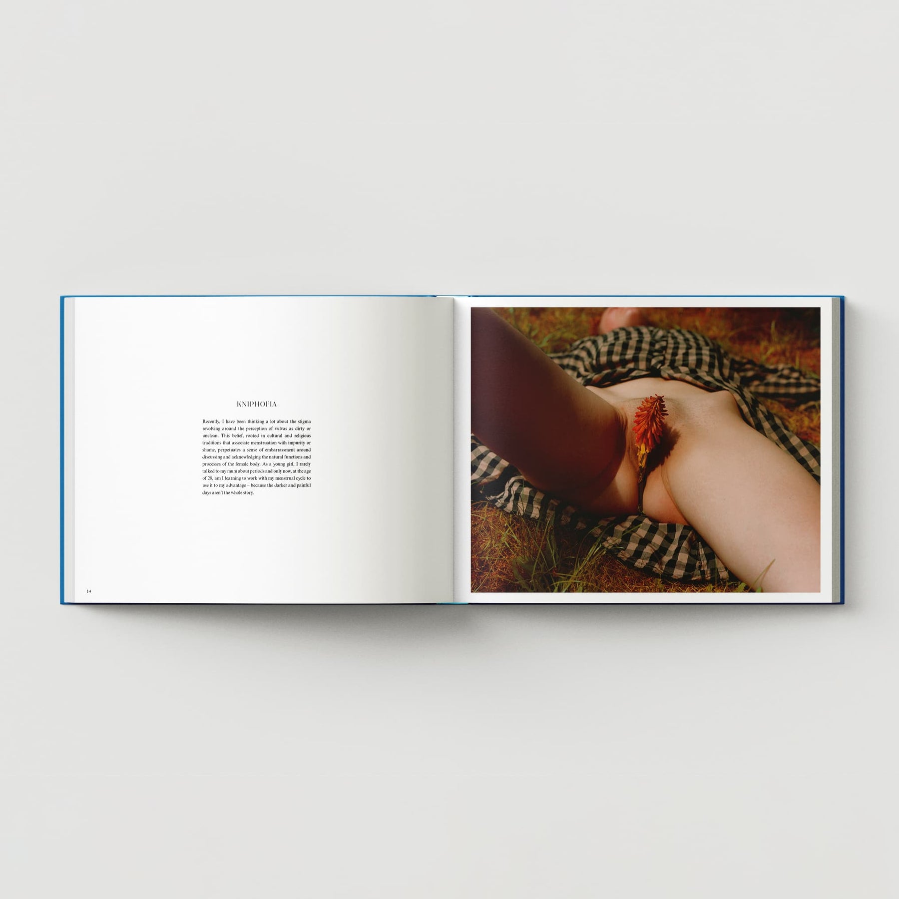 Open book showing a page with text on the left and a photograph of a partially nude person lying on grass, covering their face with an arm on the right. The scene appears to be outdoors, subtly working to dismantle taboos in art. This image is from "Bex Day: Petal" by Black Dog Online.