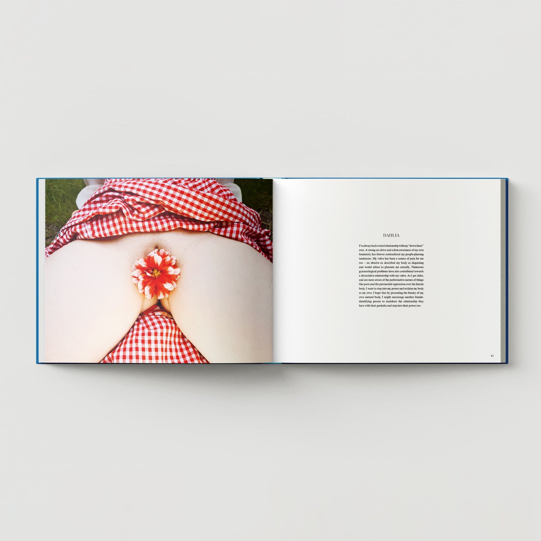 An open book, titled "Bex Day: Petal" by Black Dog Online, displays a photograph of a person lying face down with a red flower tucked into their checkered clothing, alongside a page of text that aims to dismantle taboos.