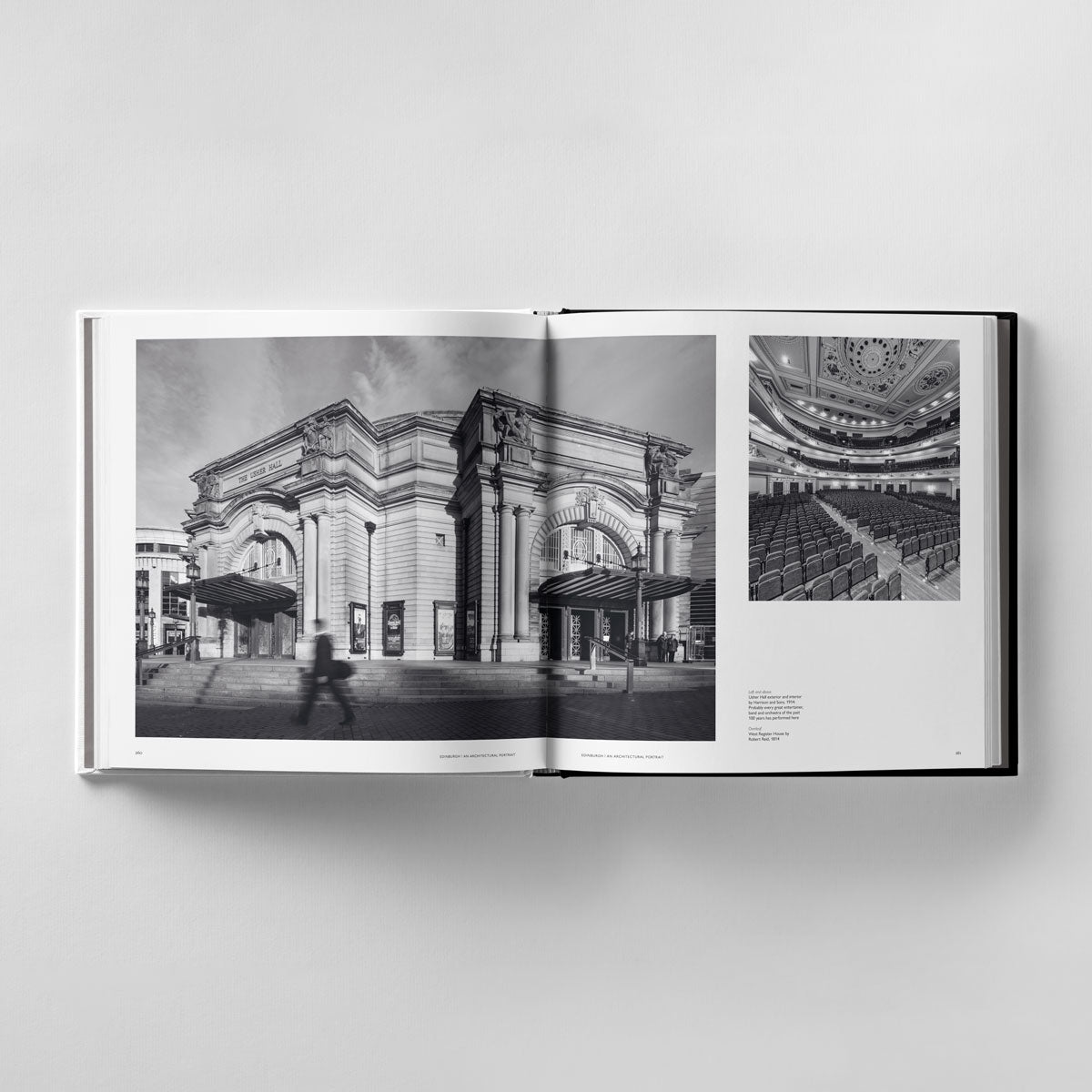 The open book, titled "Edinburgh: An Architectural Portrait" by Black Dog Online, showcases James Reid's stunning photography with a black and white shot of ornate Edinburgh architecture on the left page and an elegant auditorium interior on the right.