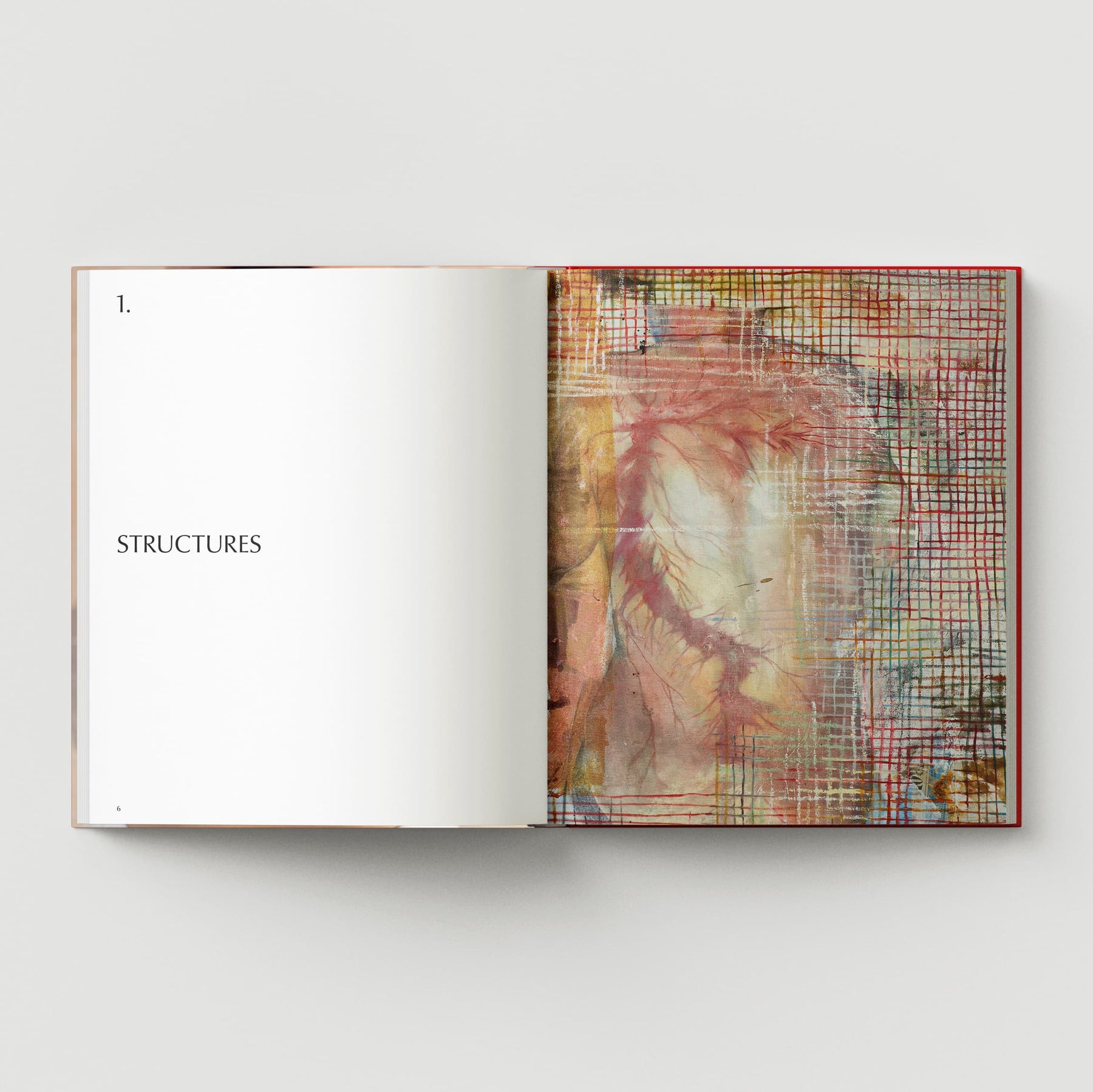 An open book features "STRUCTURES" on the left page, while the right page displays an abstract and colorful design with grid lines, echoing Mandy El-Sayegh's style. It combines the essence of a monograph with visual intrigue, reflecting 'The Makeshift Body: Mandy El-Sayegh' by Black Dog Online.