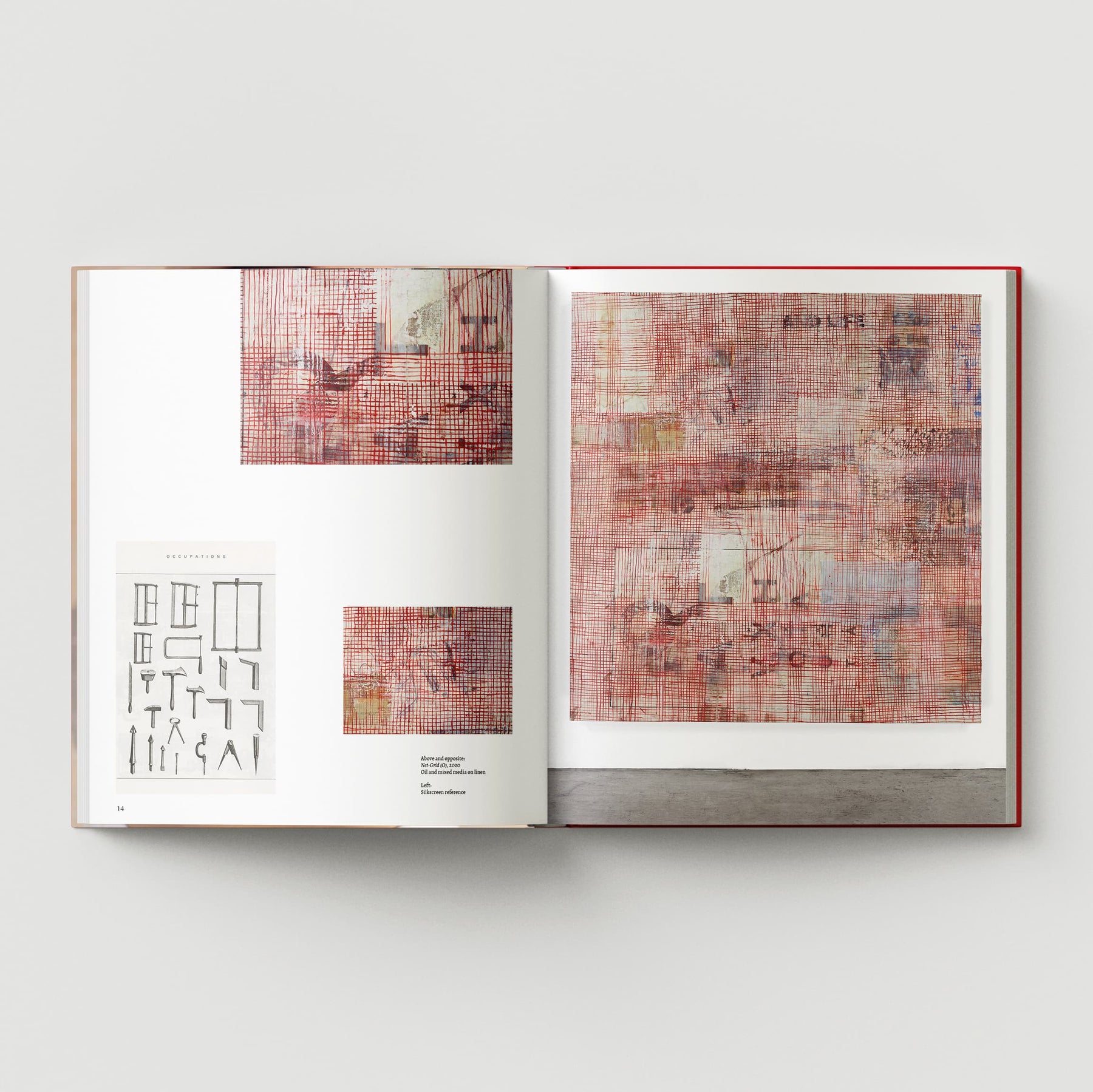The book titled "The Makeshift Body: Mandy El-Sayegh" by Black Dog Online showcases abstract artwork by contemporary artist Mandy El-Sayegh, with red and brown grid patterns spread across its pages against a plain background.