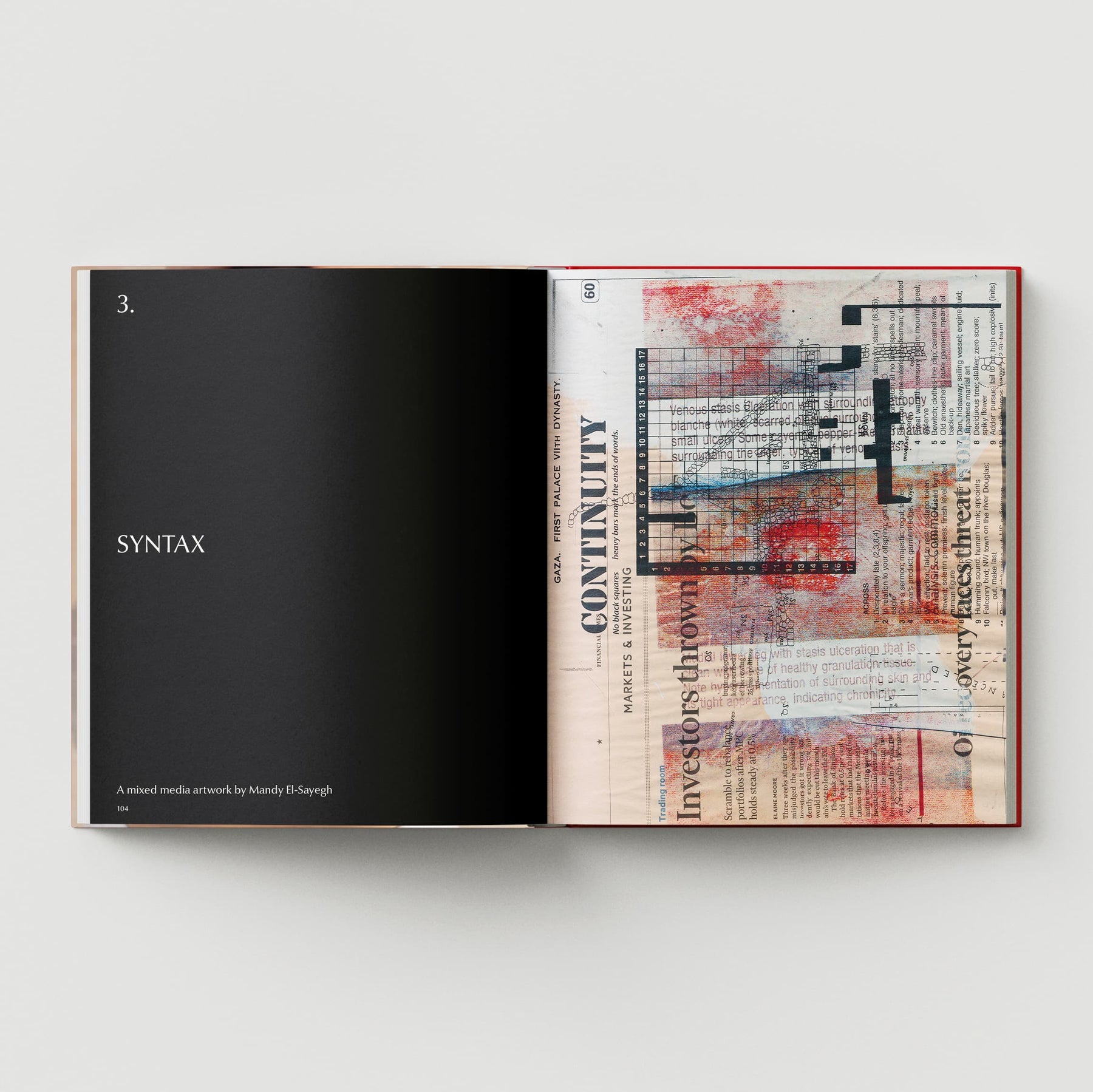 An open book displays a black page on the left with "SYNTAX," while on the right, an abstract mixed media artwork graces the page, reflecting Mandy El-Sayegh's exploratory process through text and overlapping graphics, as featured in "The Makeshift Body: Mandy El-Sayegh" from Black Dog Online.