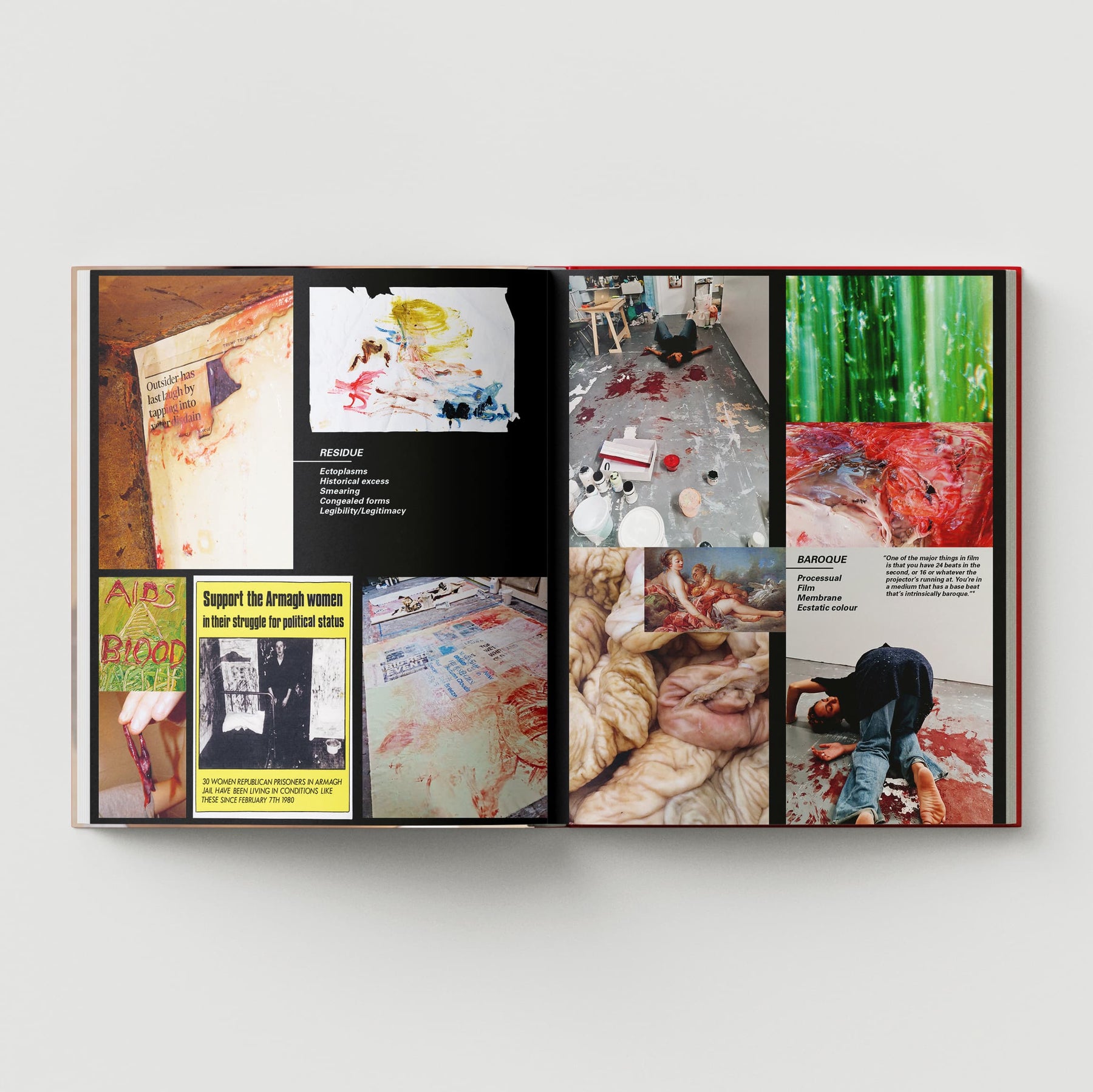The Makeshift Body: Mandy El-Sayegh by Black Dog Online presents an open book with striking red and white images and text highlighting art, protests, and social issues. This monograph intricately explores the mind of contemporary artist Mandy El-Sayegh, providing deep insights into her impactful creations.