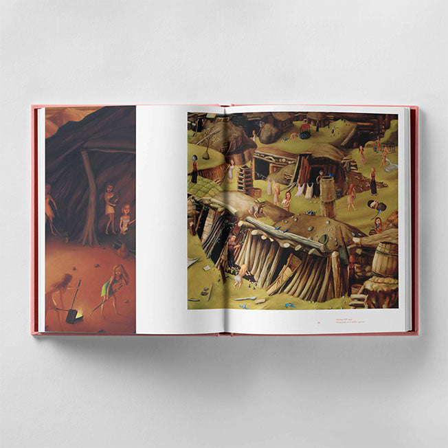 An open book with a red cover displays colorful illustrations of people in an ancient village setting, depicting various activities and dwellings. "Hilary Harkness - Everything For You" by Black Dog Press offers an intersectional lens on historical life, capturing the essence of community dynamics vividly.