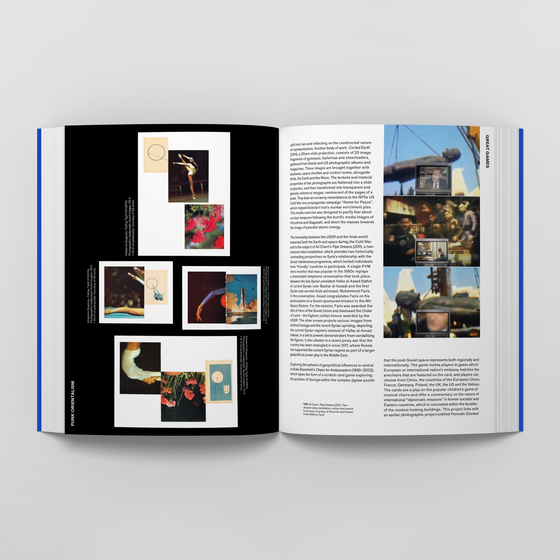 An open magazine displays a mix of text and images across two pages. The left page features several small images with short text snippets, exploring Punk Orientalism: The Art of Rebellion by Black Dog Online. The right page contains a column of text and several photos, delving deeper into cultural narratives.