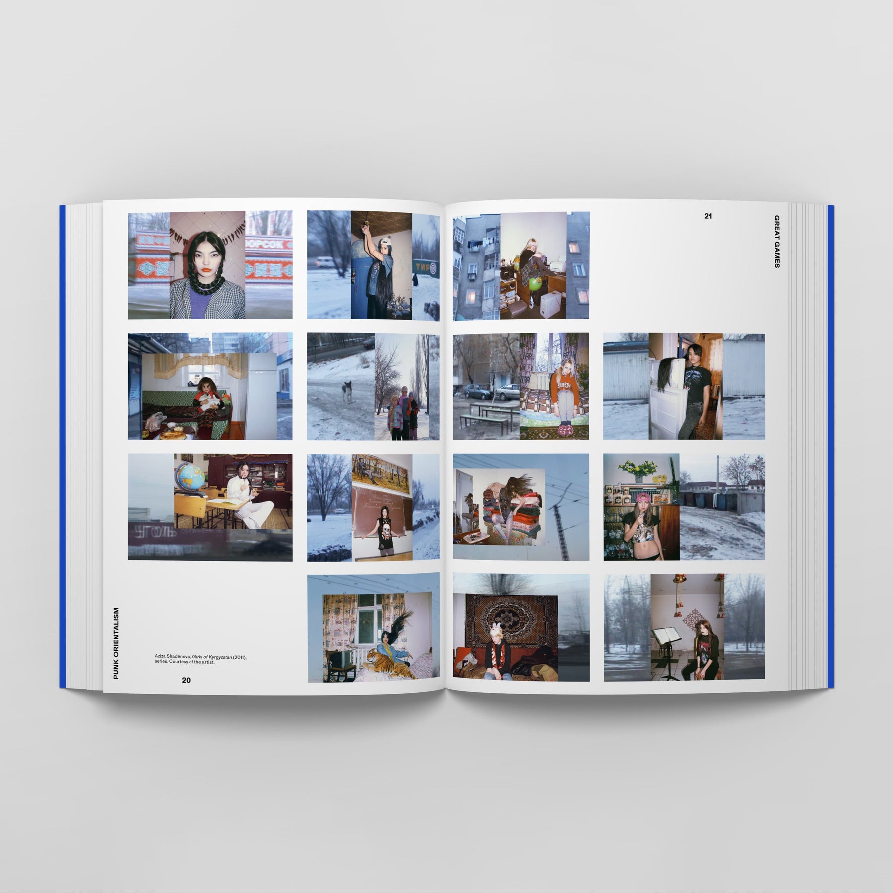 Open book displaying a collage of various photographs on both pages. Images depict diverse activities and scenes, both indoors and outdoors, featuring different people and environments across Central Asia. The photos convey a unique blend of cultures and experiences akin to an artistic Punk Orientalism: The Art of Rebellion by Black Dog Online vibe.