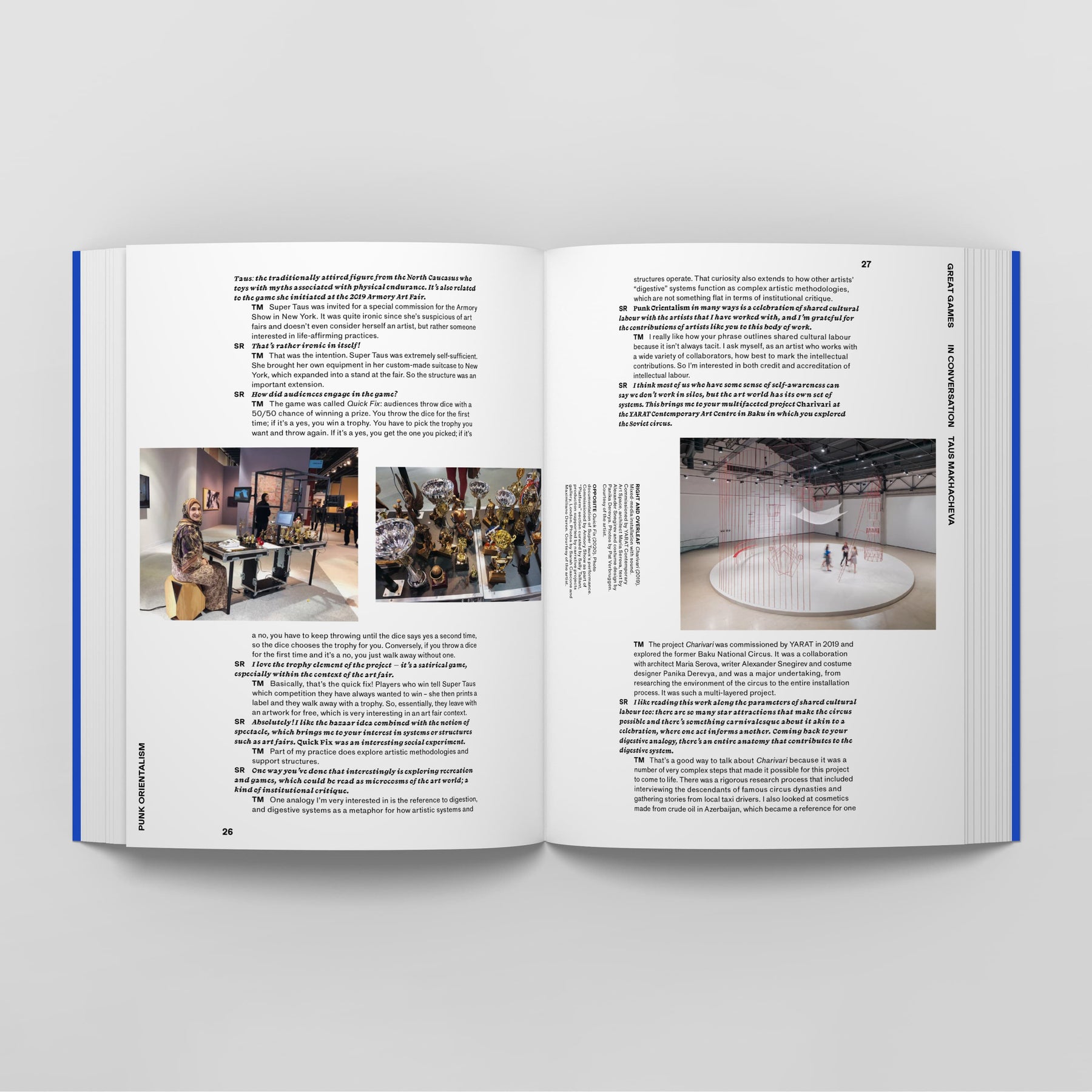 An open book displaying text and several images of contemporary art installations on a white background. Pages 26-27, marked with a blue bookmark, explore the avant-garde fusion of Punk Orientalism: The Art of Rebellion by Black Dog Online in the context of Central Asia and the Caucasus.
