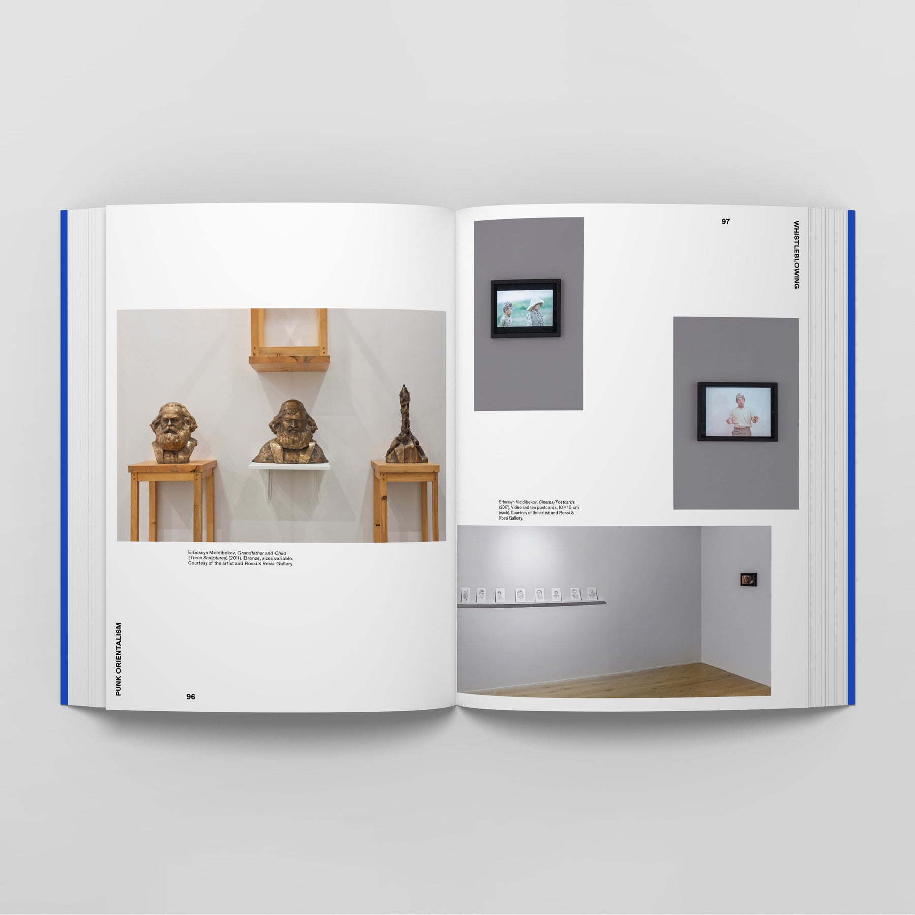 A two-page spread showcasing photographs of sculptures on wooden stands, framed pictures on walls, and small digital displays in a minimalist gallery setting with subtle influences of Punk Orientalism: The Art of Rebellion by Black Dog Online.