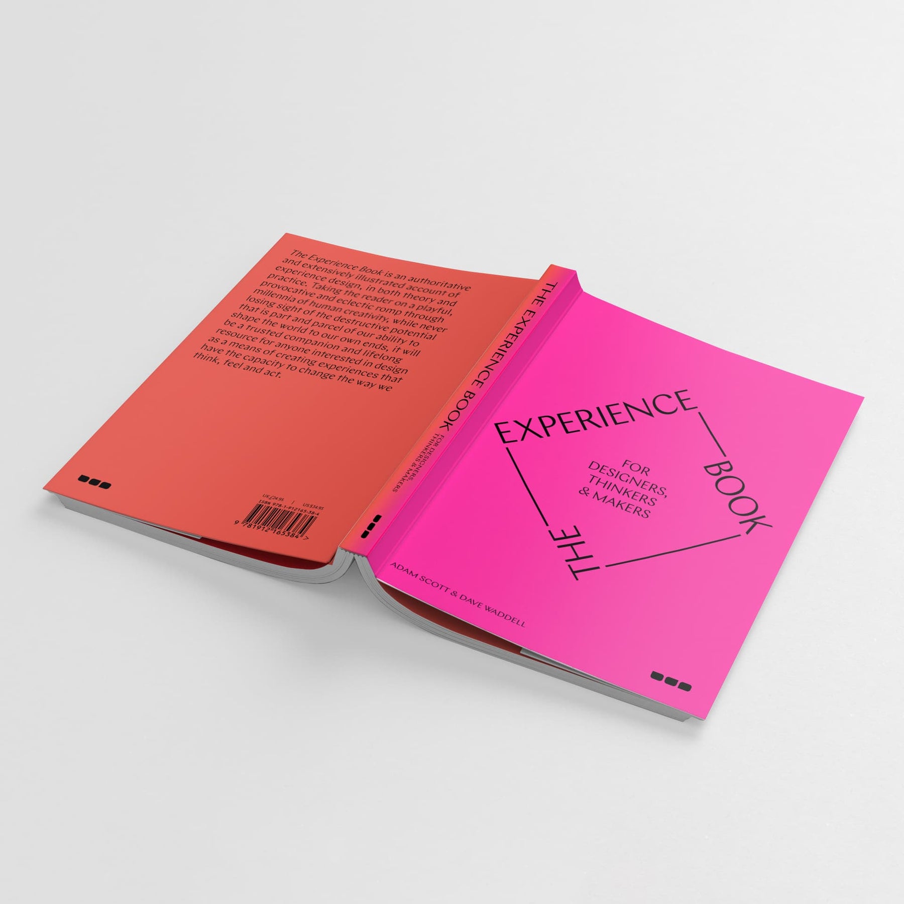 Two open books with colored covers; the back cover is orange with text and a barcode, and the front cover is pink featuring the title "The Experience Book: For Designers, Thinkers & Makers" with a subtitle "For Designers & Makers." Perfect for experience designers, it delves into design theory essential for your creative journey. Brand: Black Dog Online.