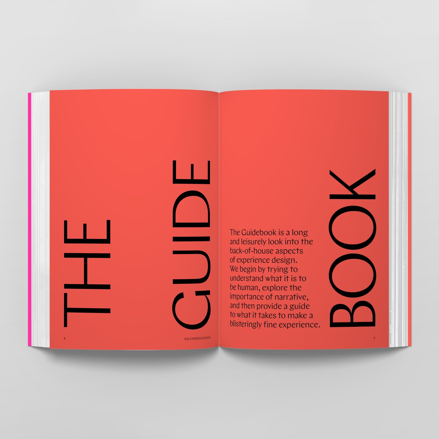 Open book with red pages. The left page displays vertical text "THE GUIDE", while the right shows "BOOK". Below, a paragraph delves into design theory and highlights how The Experience Book: For Designers, Thinkers & Makers by Black Dog Online focuses on experience design principles for experience designers.