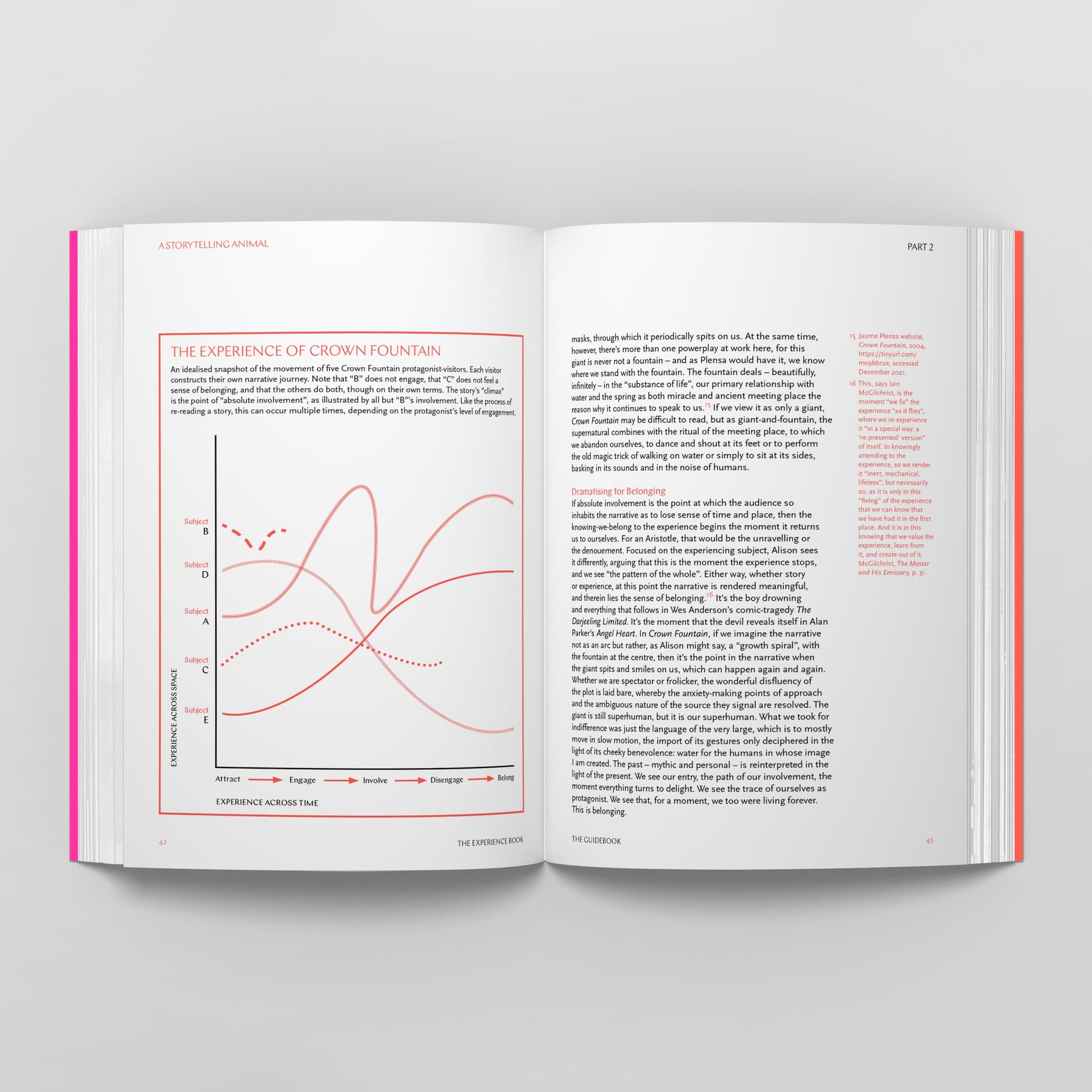 Open book displaying a graph titled "The Experience of Crown Fountain" on the left page and text on the right page, with red headings and a predominantly white background. This edition of The Experience Book: For Designers, Thinkers & Makers by Black Dog Online draws from design theory, offering valuable insights for experience designers looking to enhance their craft.