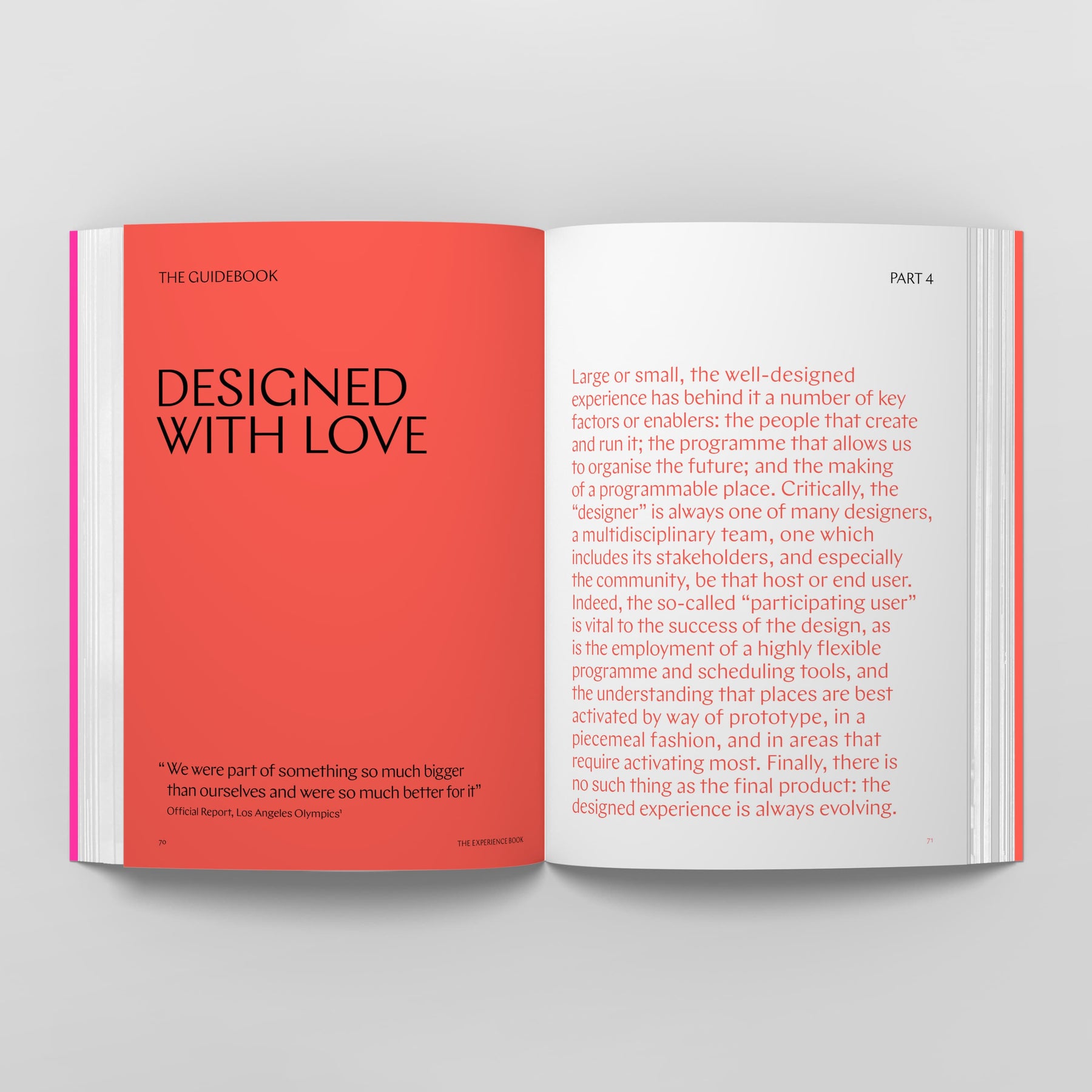 Open book displaying pages with text. Left page has the large heading "DESIGNED WITH LOVE." Right page contains a body of text and the heading "PART 4." Red accents are present on the pages, revealing insights from *The Experience Book: For Designers, Thinkers & Makers* by Black Dog Online.