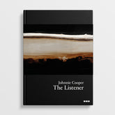 The book cover for "Johnnie Cooper: The Listener" by Black Dog Online showcases an abstract horizontal stripe design in brown, black, and white hues, evoking the ambiance of forest nighttime shadows. This artwork reflects the style of a well-known British abstract artist.